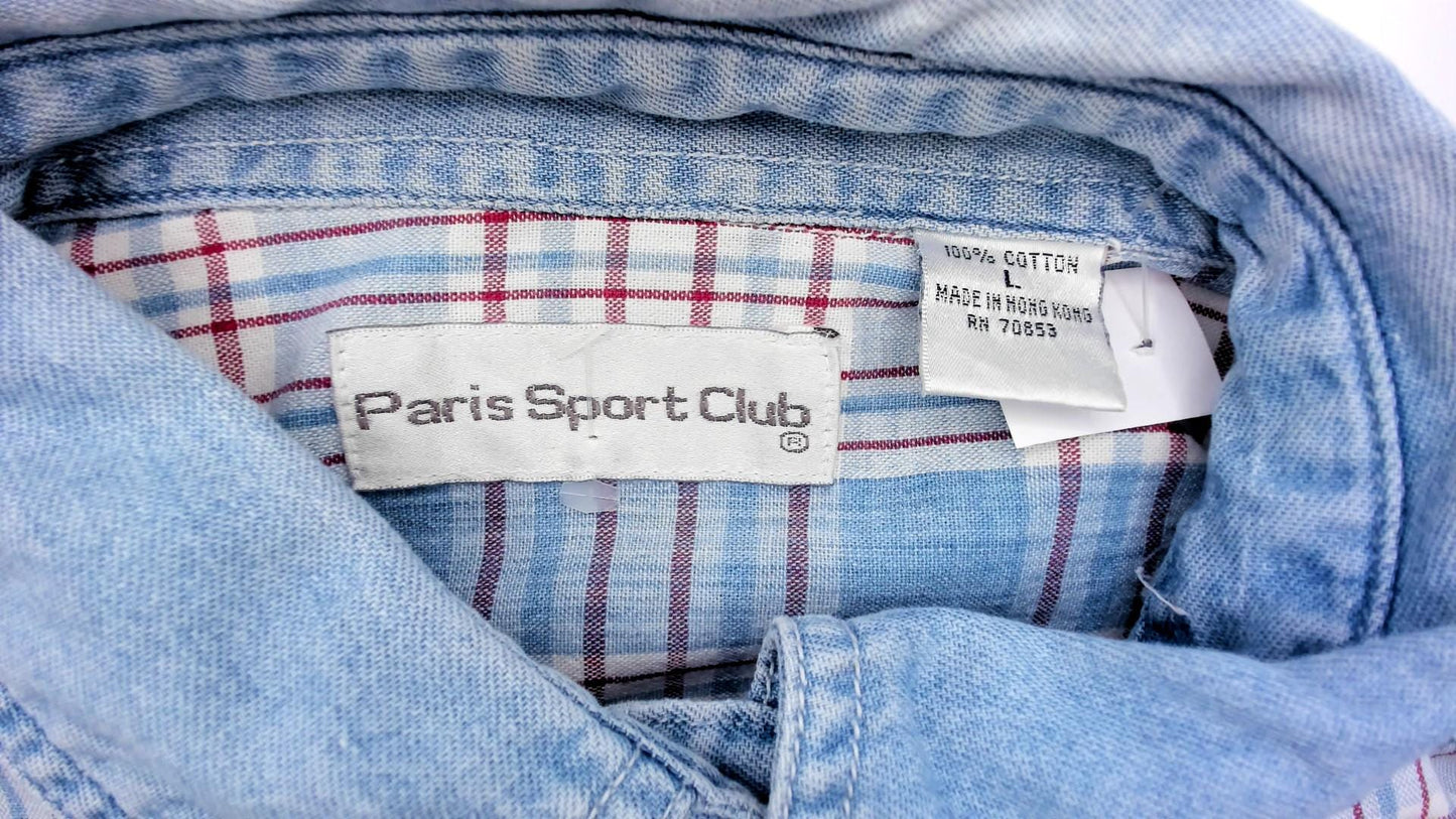 90s Paris Sport Club Plaid Button Down Shirt Denim Collar Cotton Large L