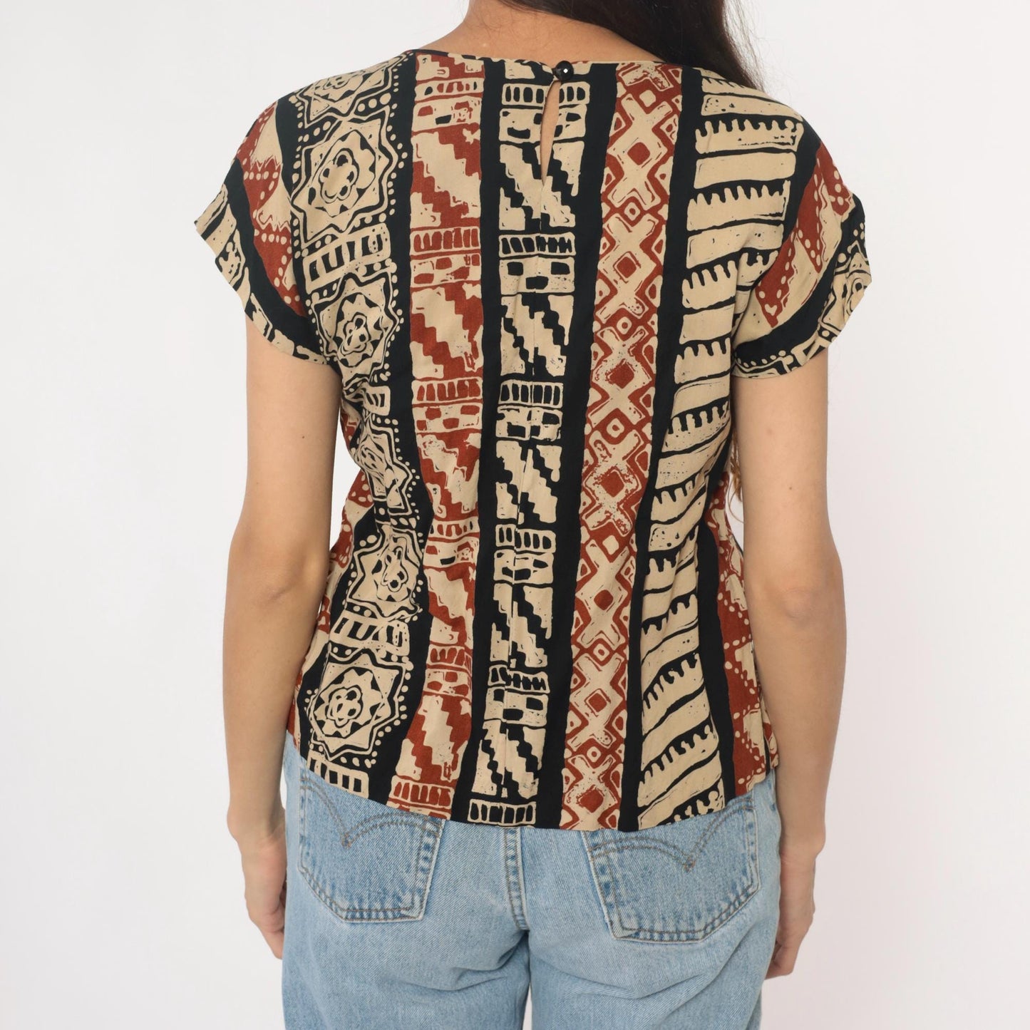 90s Lia G Petites Tribal Geometric Striped Blouse Beige Black Rust Medium