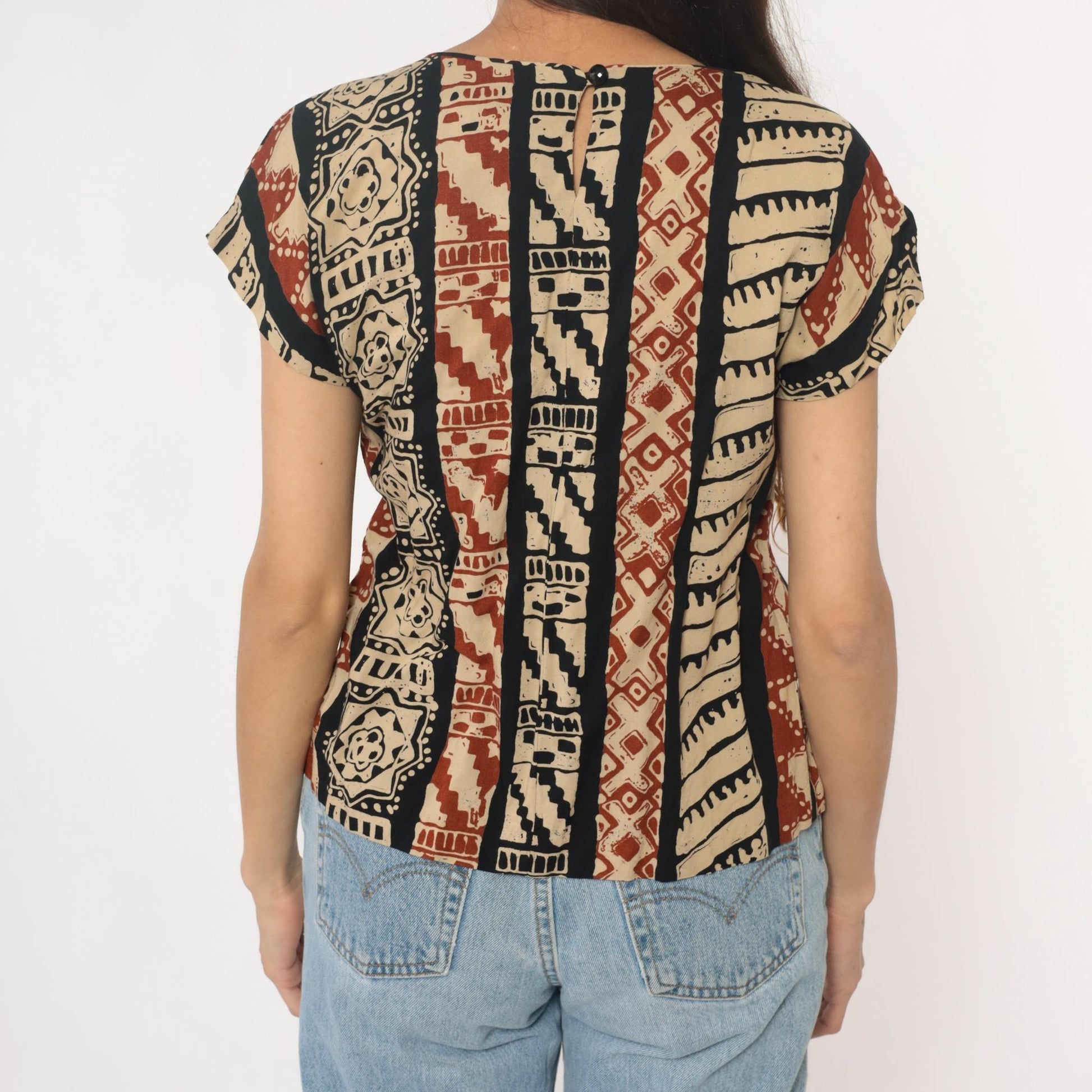 90s Lia G Petites Tribal Geometric Striped Blouse Beige Black Rust Medium