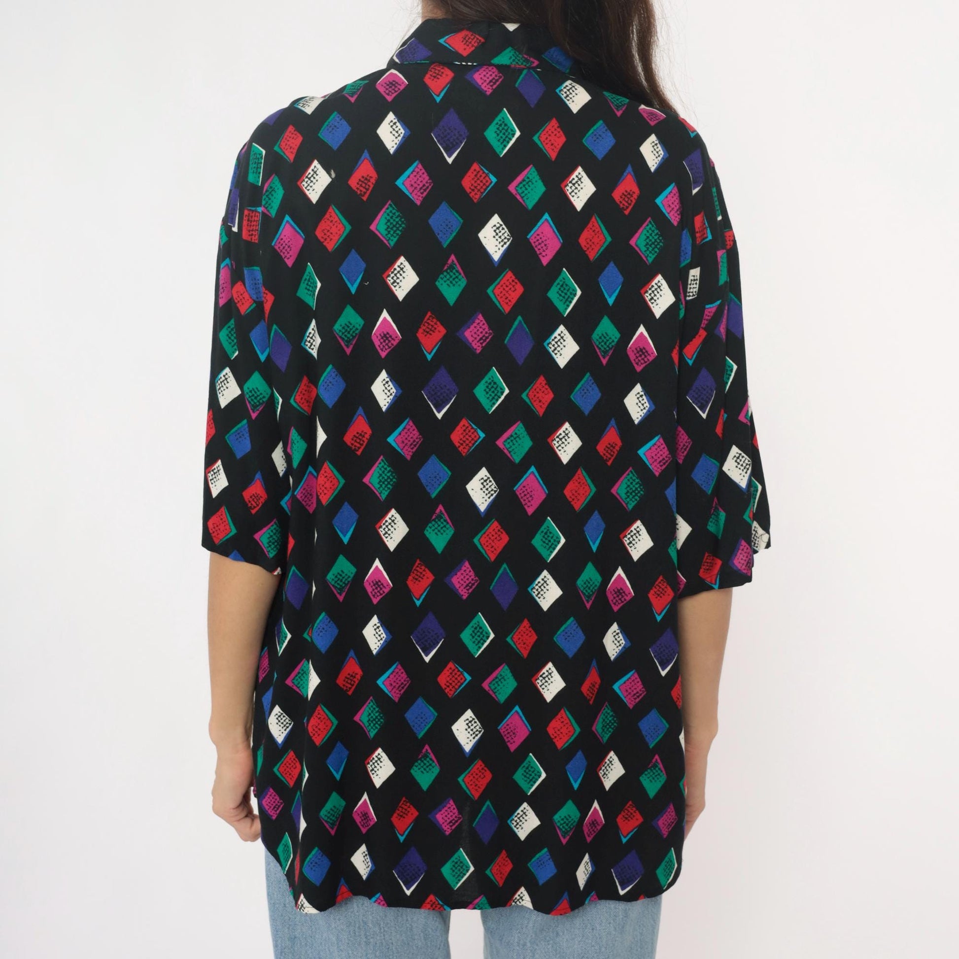 90s Black Harlequin Diamond Rayon Shirt Multicolor Button-Front Medium