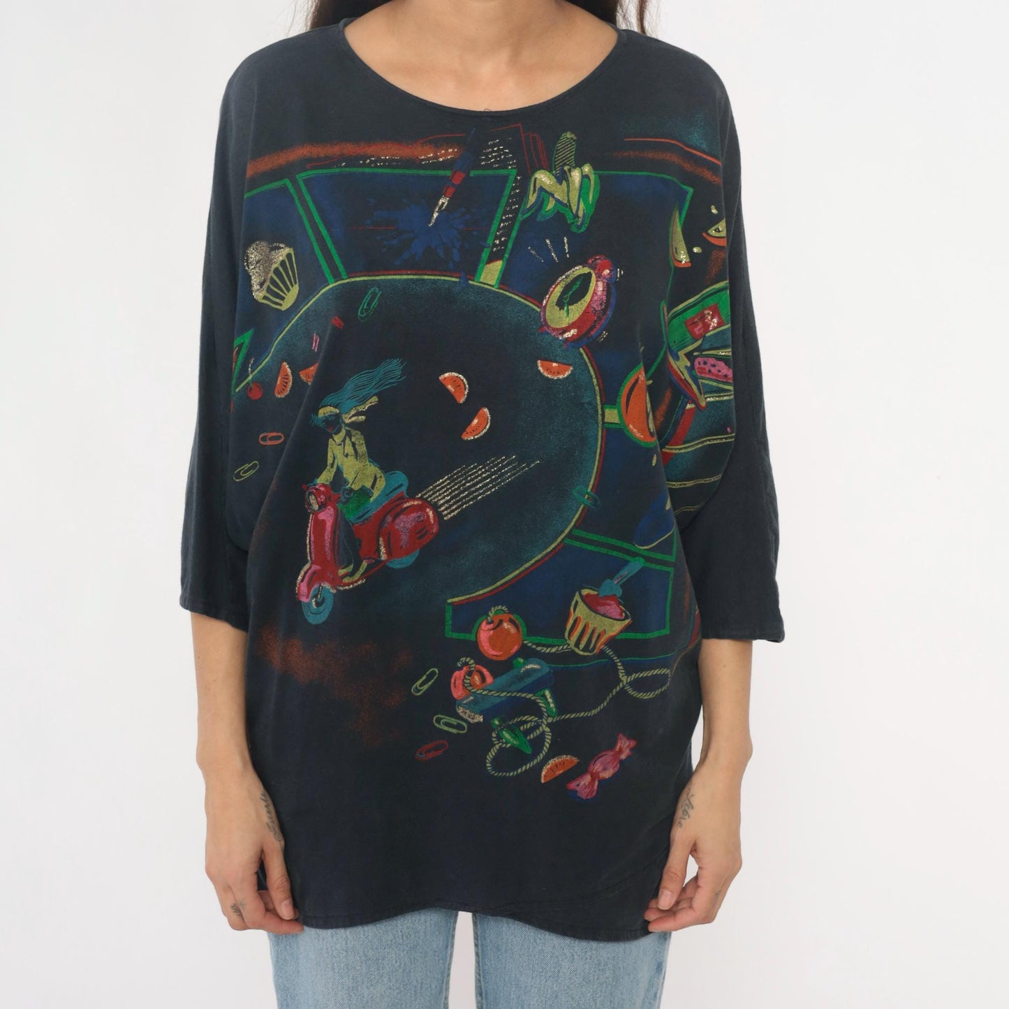 80s DT Company Vespa Scooter Graphic Tee Black Cotton Asymmetric Hem Large