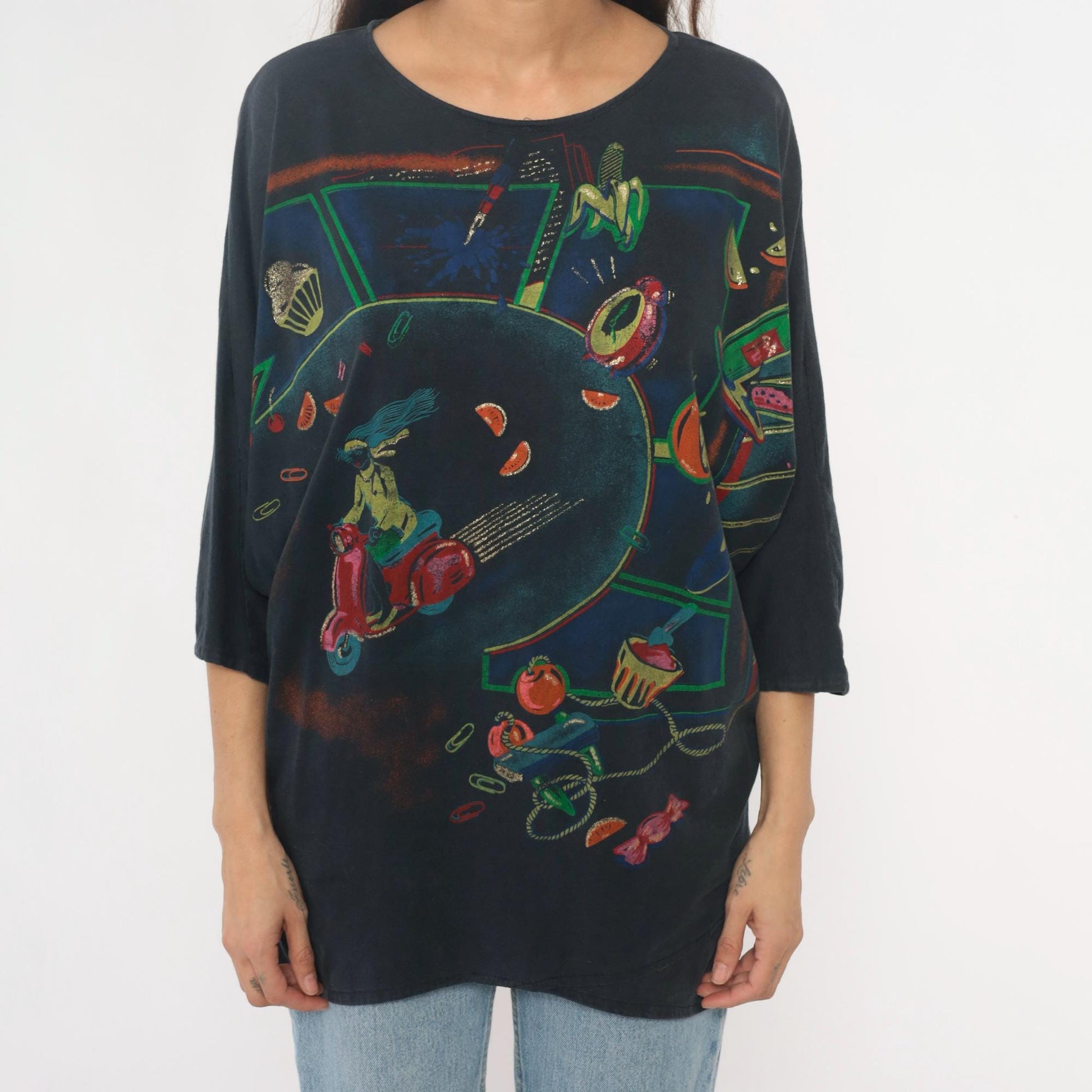 80s DT Company Vespa Scooter Graphic Tee Black Cotton Asymmetric Hem Large