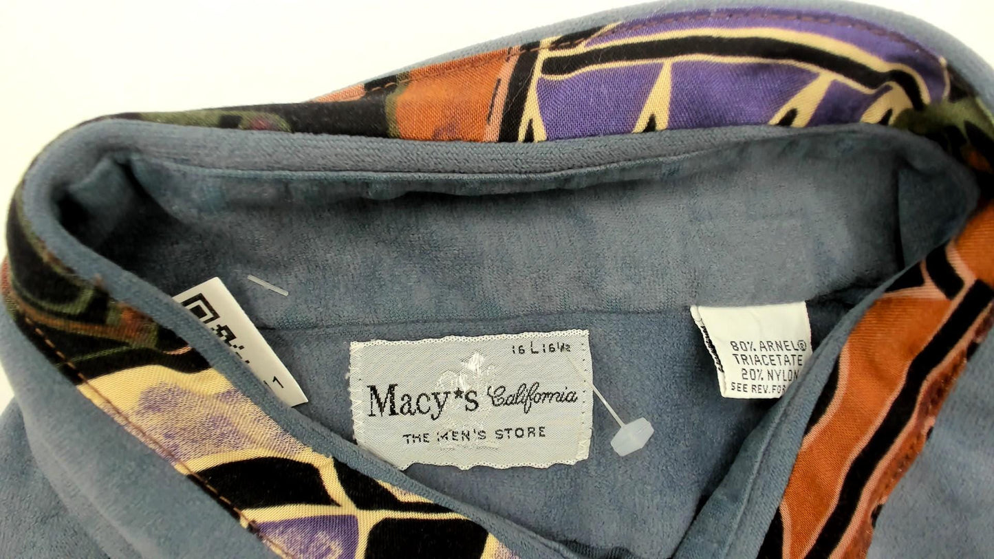 70s Macys California Blue-Teal Safari Shirt Pointed Collar Chest Pockets Large