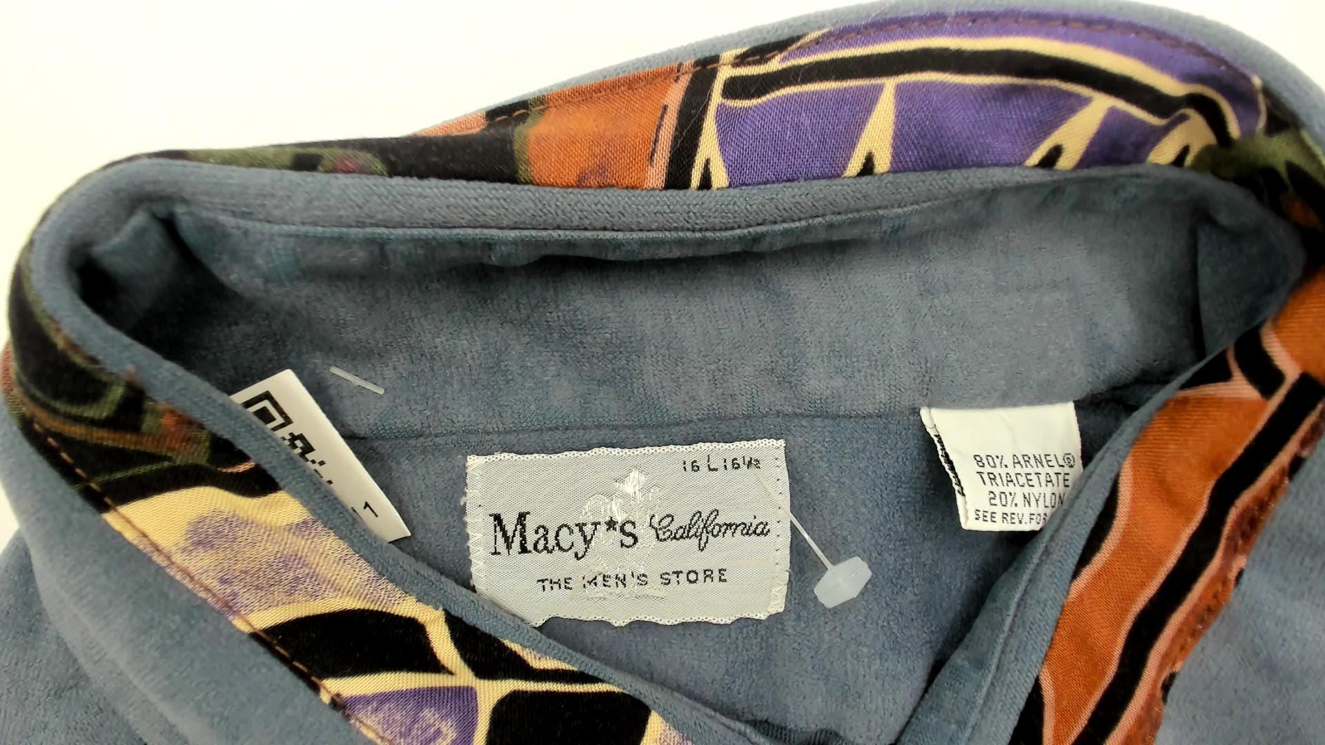 70s Macys California Blue-Teal Safari Shirt Pointed Collar Chest Pockets Large