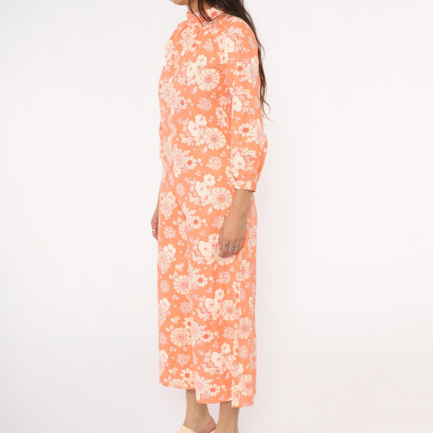 70s Orange Floral Jumpsuit Mock Neck Wide Leg Cream White Cotton Small