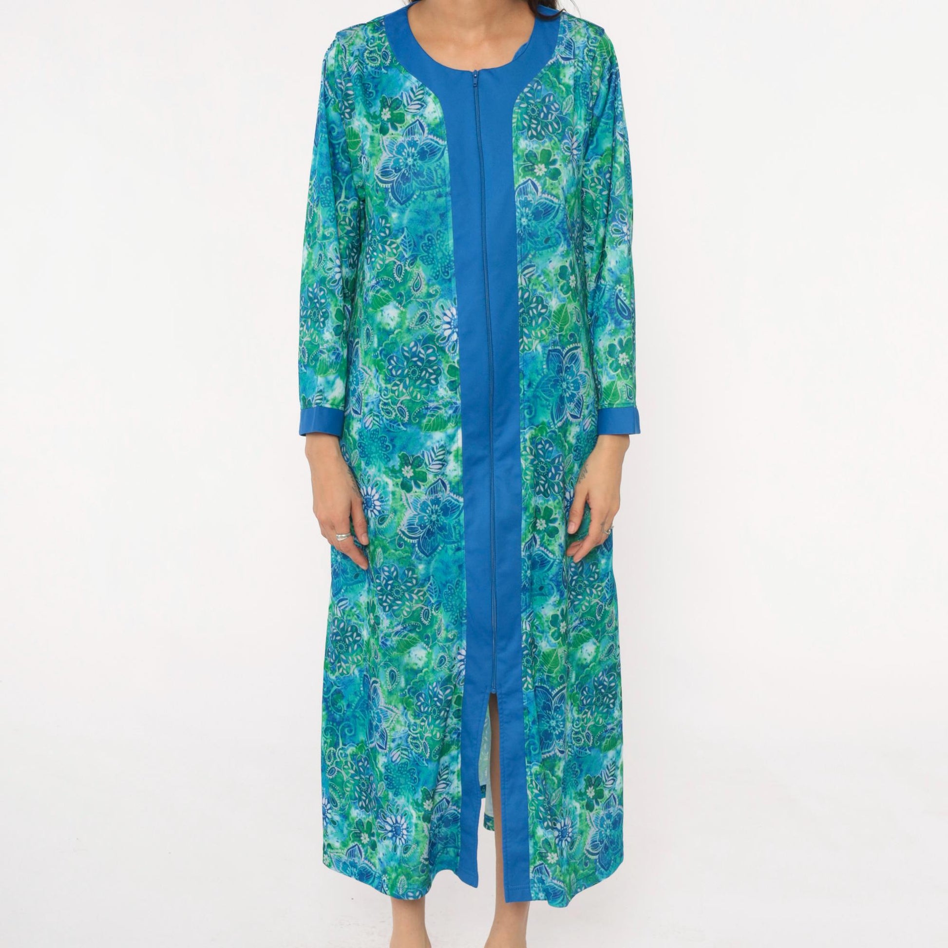 90s Botanical Print Maxi Robe Blue Green Zip Front Long Sleeve Medium M