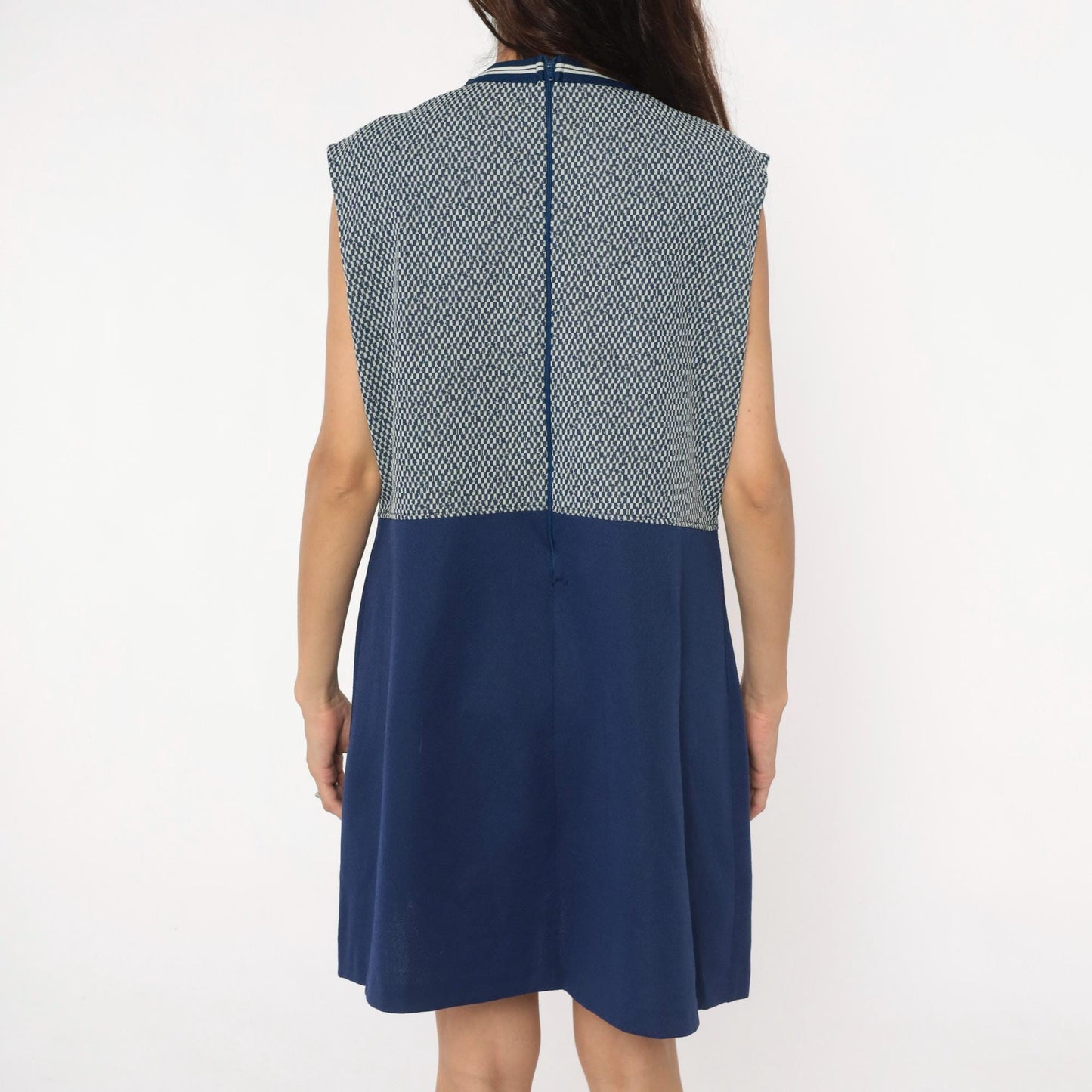 70s JC Penney Geometric Navy White Sleeveless Shift Dress Extra Large XL