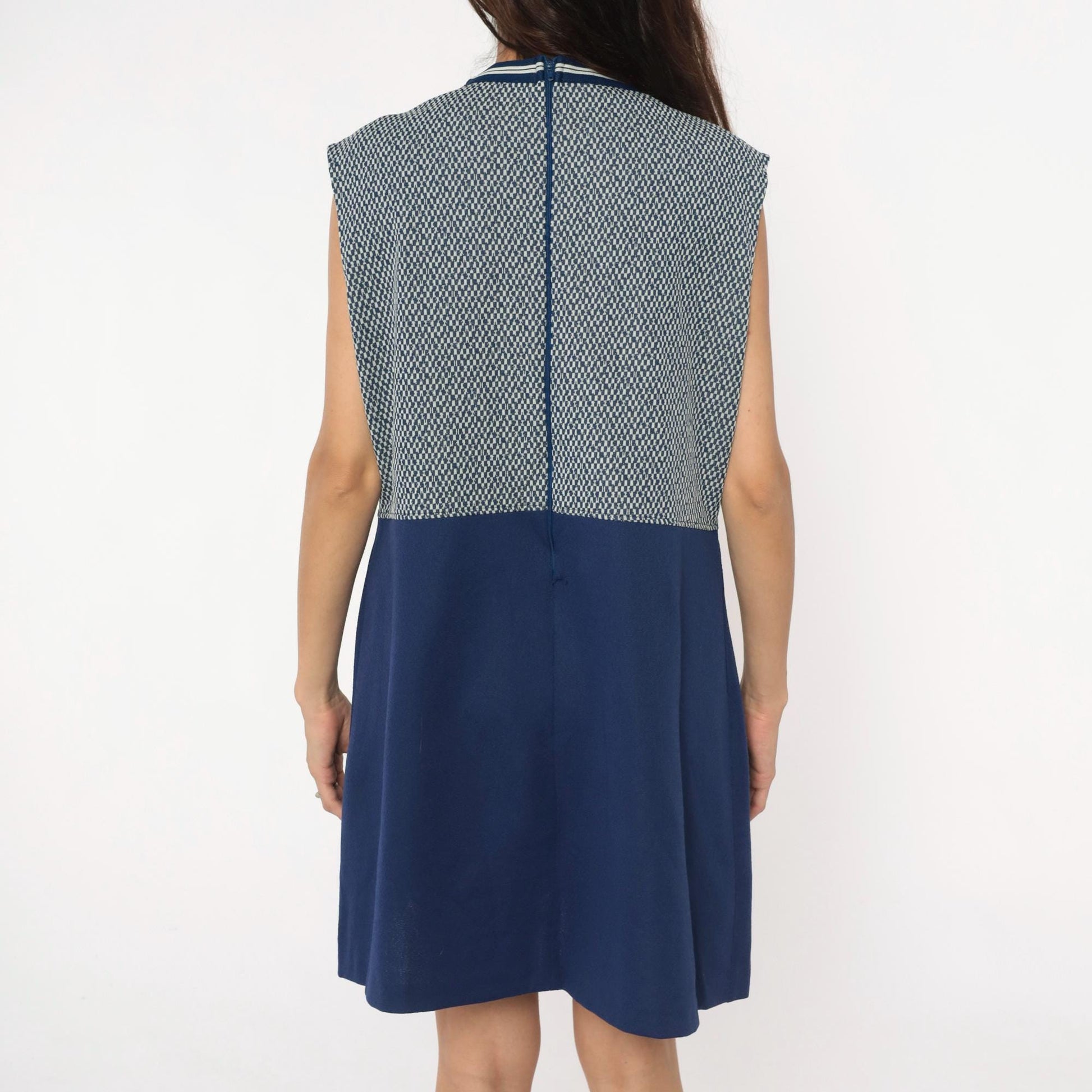70s JC Penney Geometric Navy White Sleeveless Shift Dress Extra Large XL