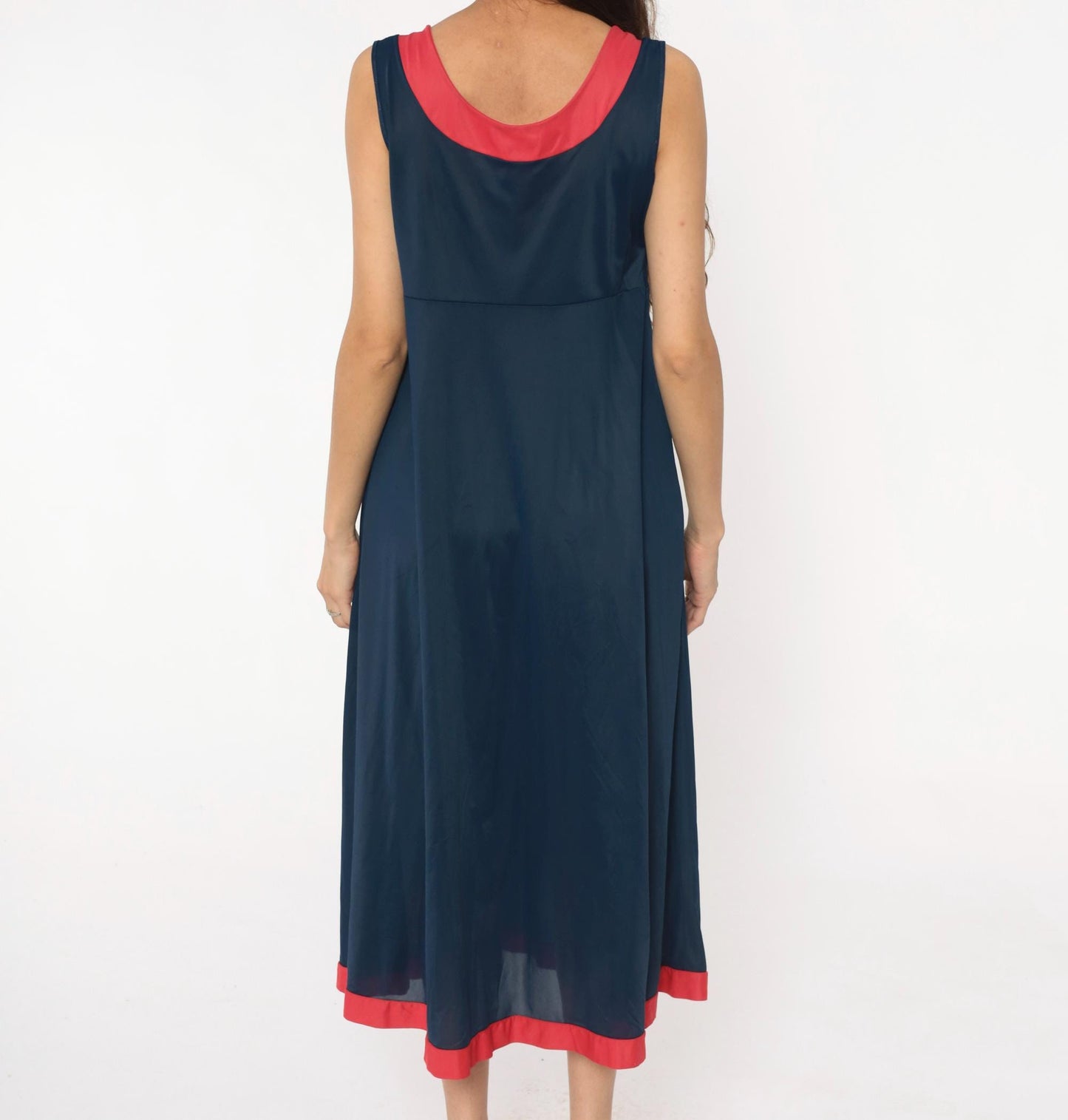 70s Navy Maxi Dress Stars Embroidered Red Trim Empire Waist Medium