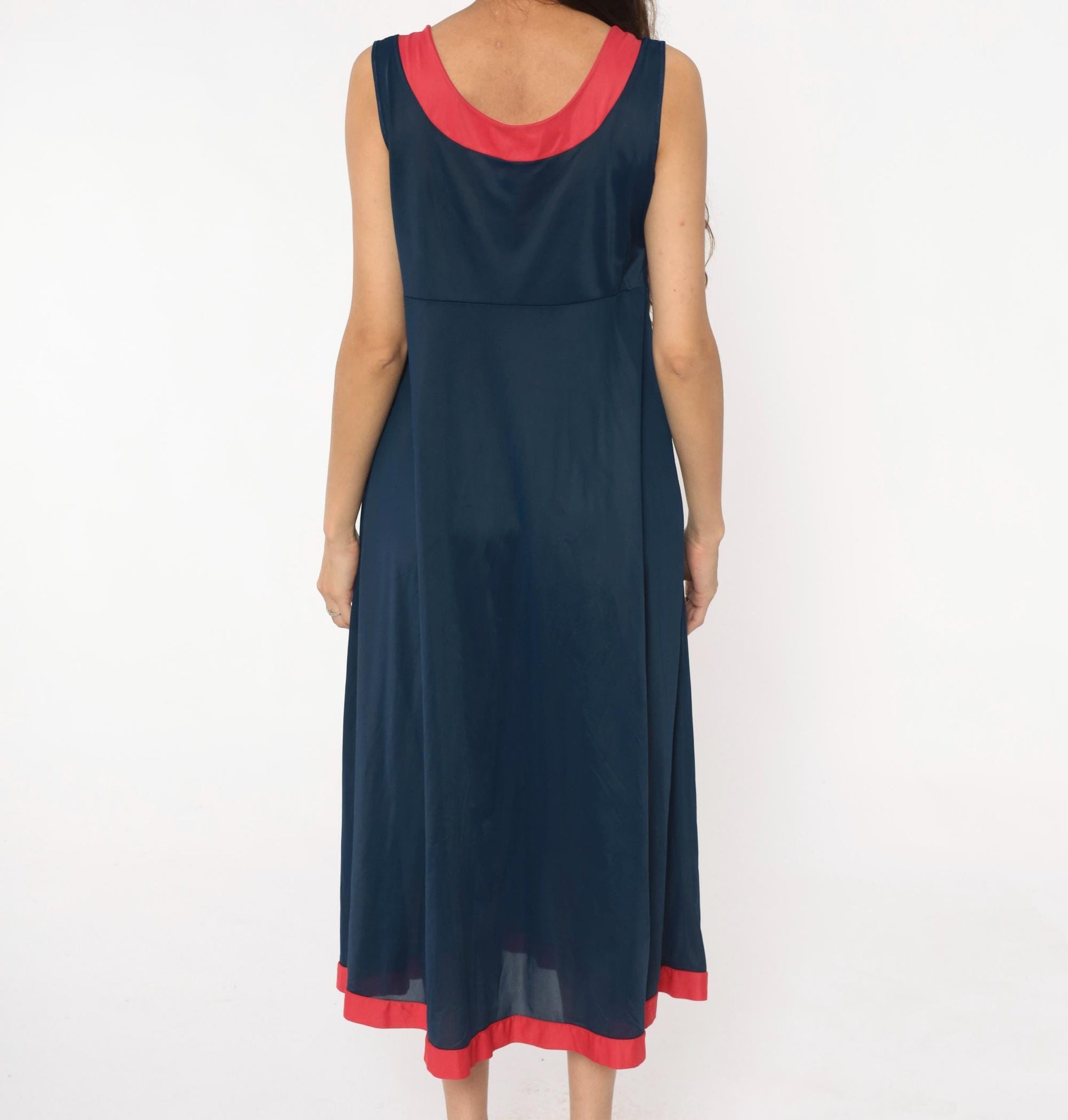 70s Navy Maxi Dress Stars Embroidered Red Trim Empire Waist Medium