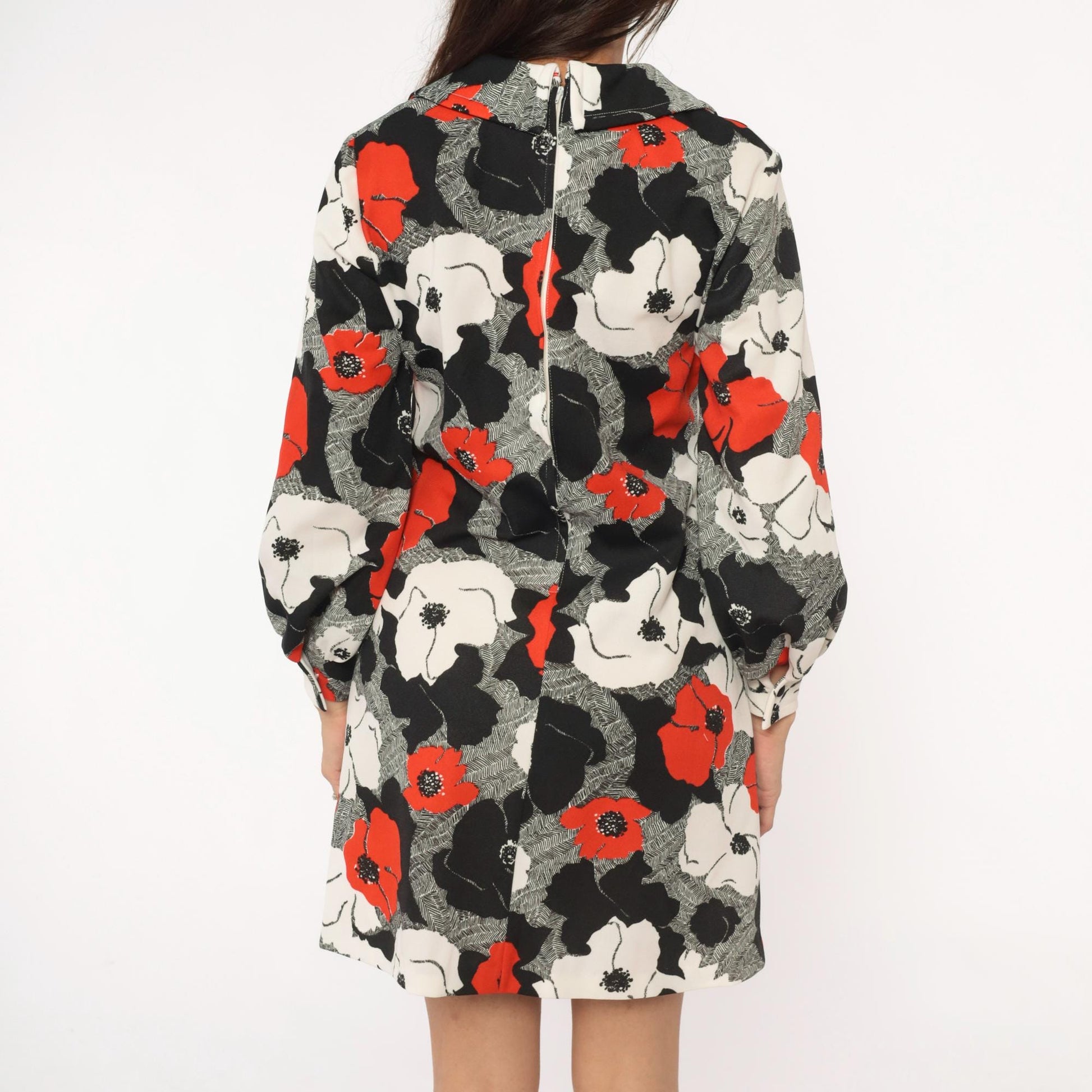 70s Floral Shift Dress Red Black White Poppy Print Collared Long Sleeve Large L