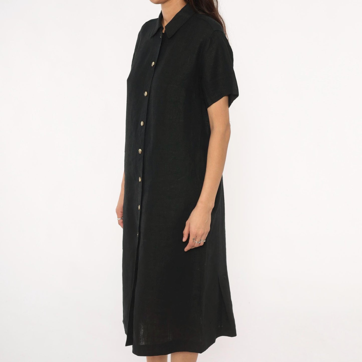 90s Harve Benard Black Linen Midi Shirt Dress Button Front Collar Large L