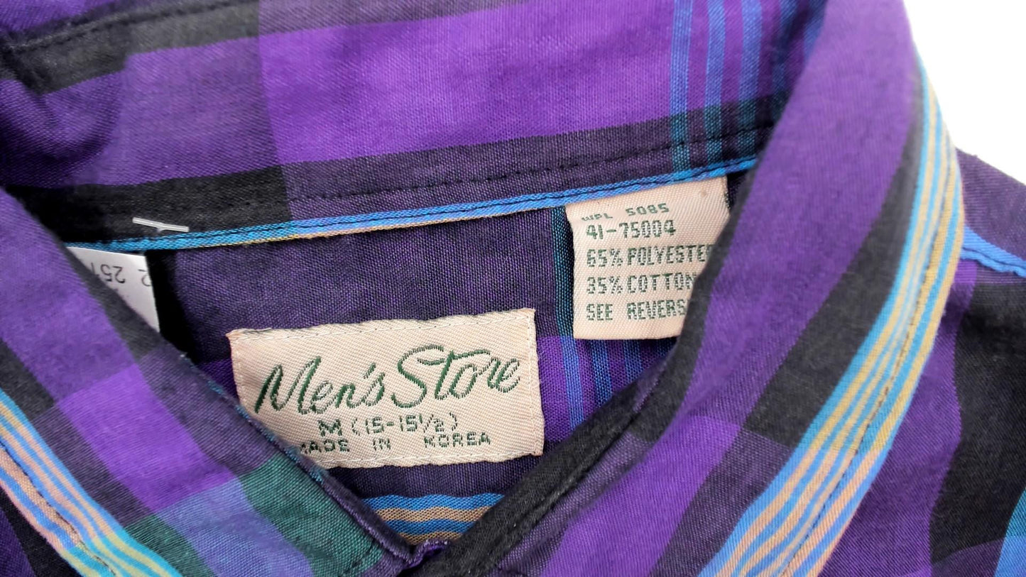 80s Plaid Button-Up Shirt Purple Green Teal Check Short Sleeve Medium