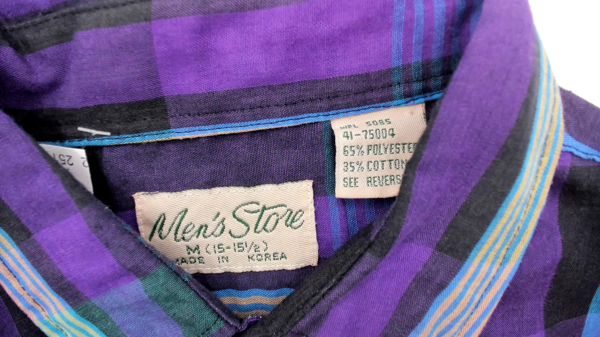 80s Plaid Button-Up Shirt Purple Green Teal Check Short Sleeve Medium