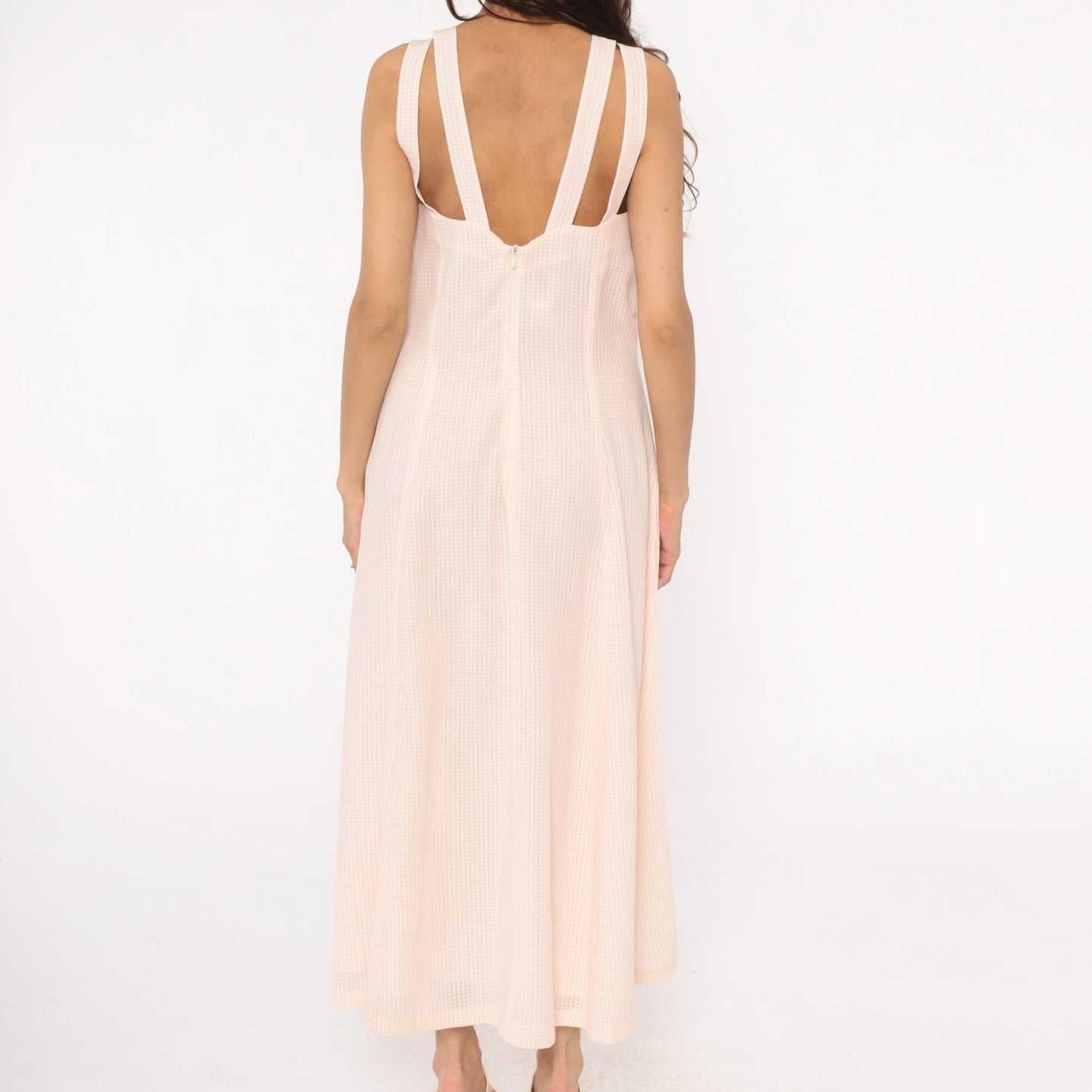 90s Pink Gingham Maxi Dress Sleeveless Open Back Scoop Neck Medium M