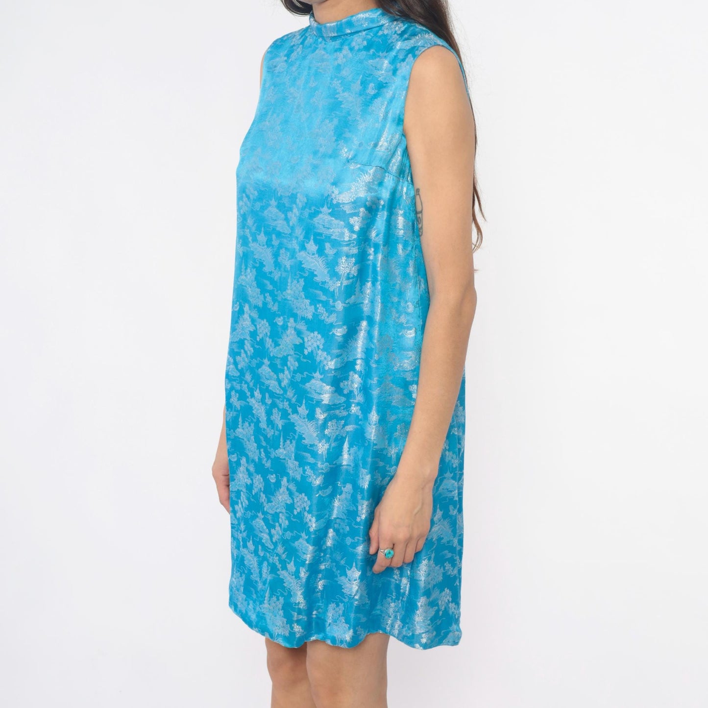 60s Asian Print Shift Dress Sky Blue Pagoda Scenic Mock Neck Sleeveless Small