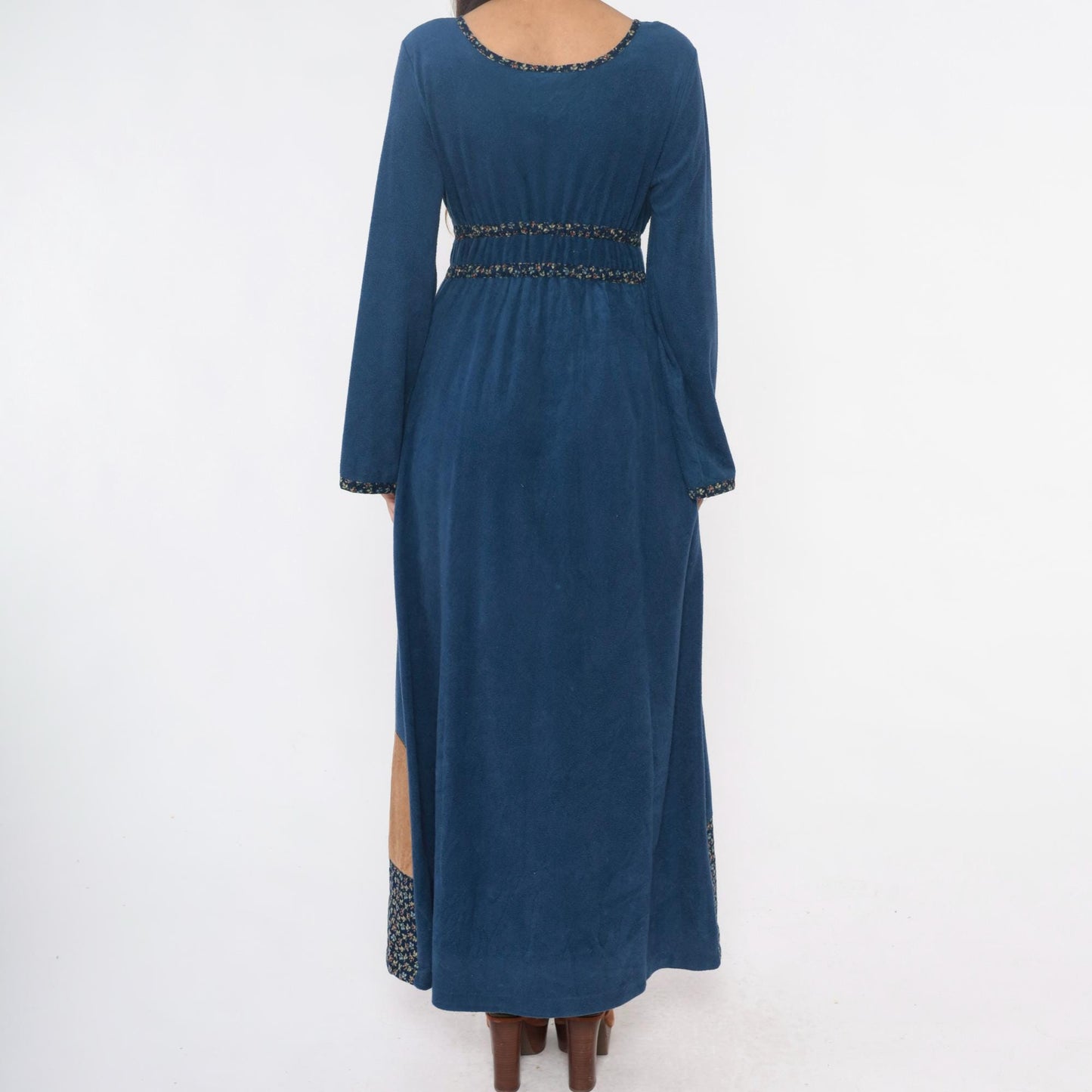 70s Blue Maxi Dress Empire Waist Desert Cactus Appliqué Long Sleeve Medium