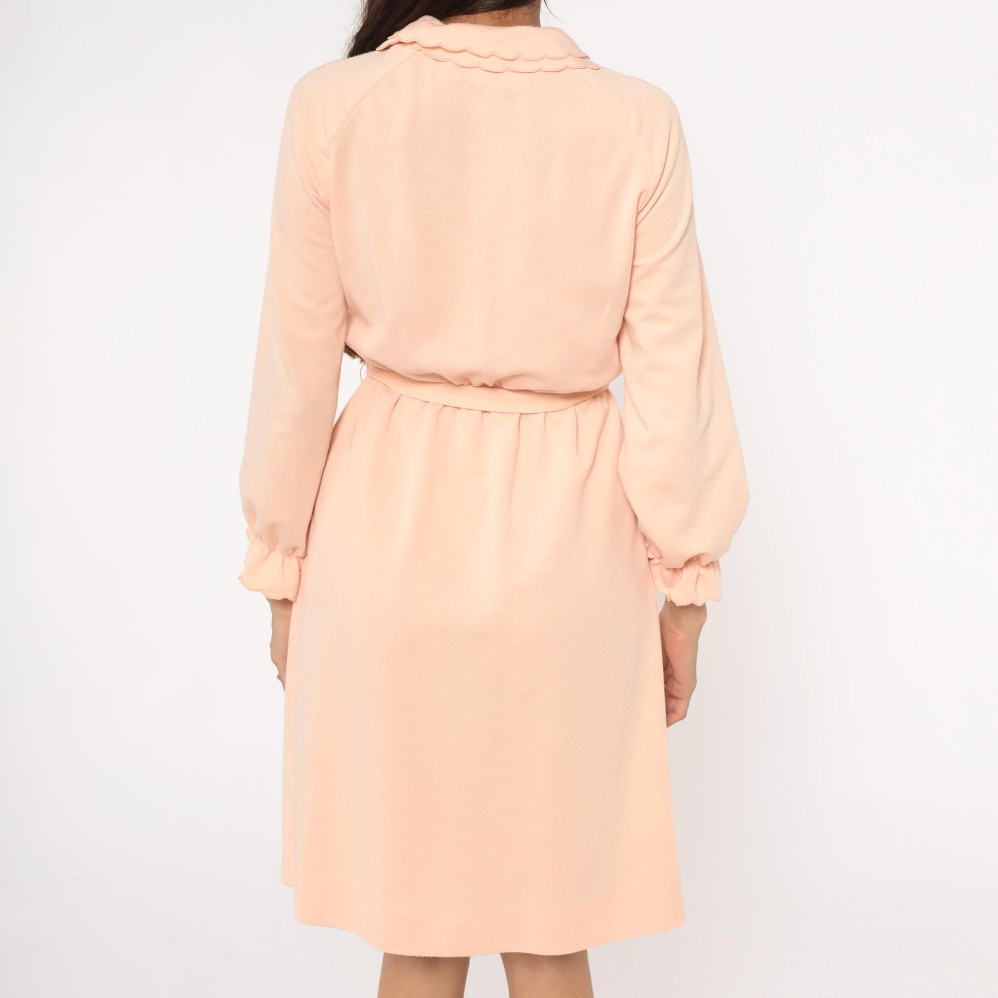 80s Leslie Fay Peach Dress Peter Pan Collar Button Front Belted Small