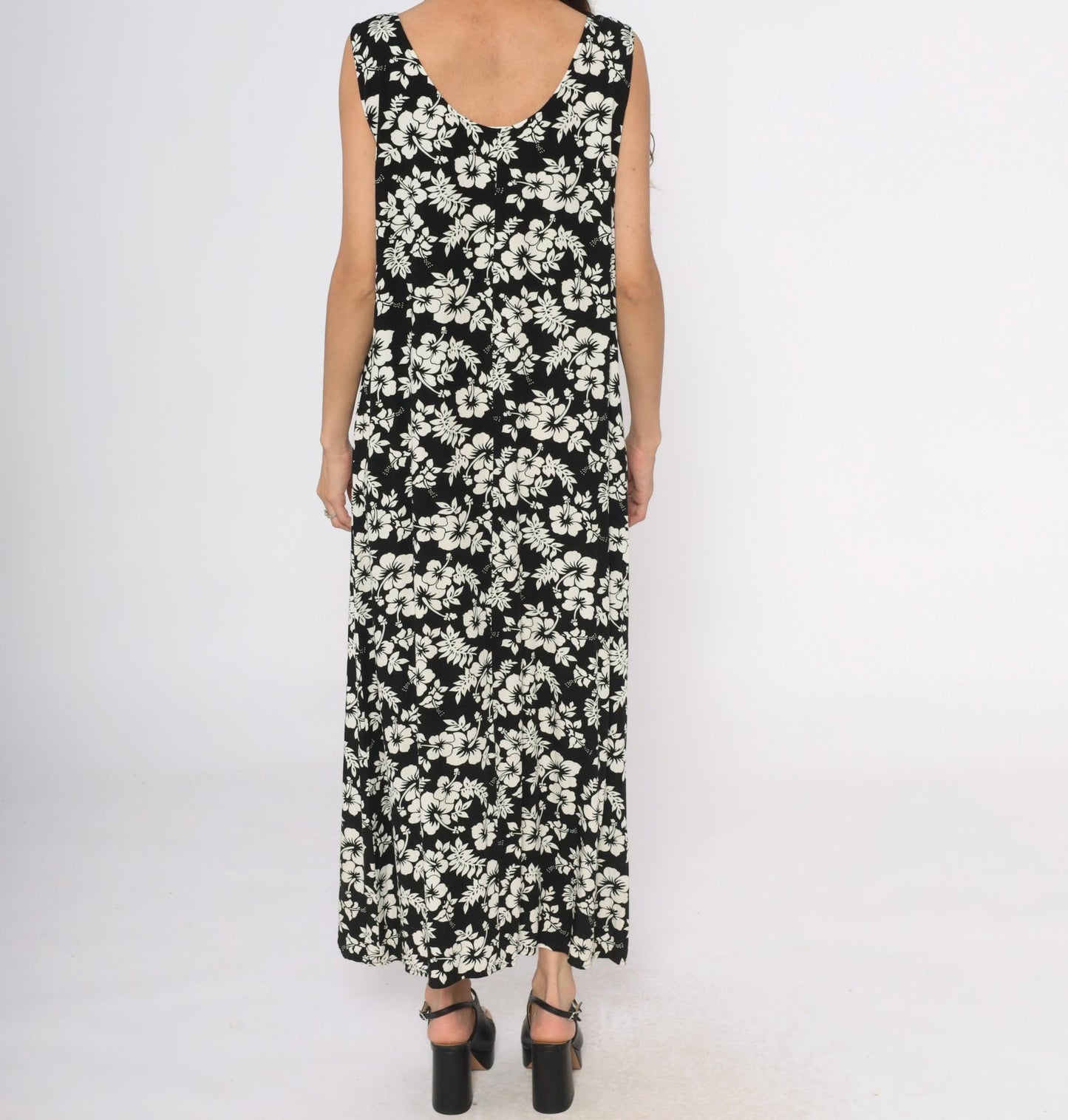 Y2K Josephine Chaus Black Maxi Dress Hibiscus Floral Print Large L
