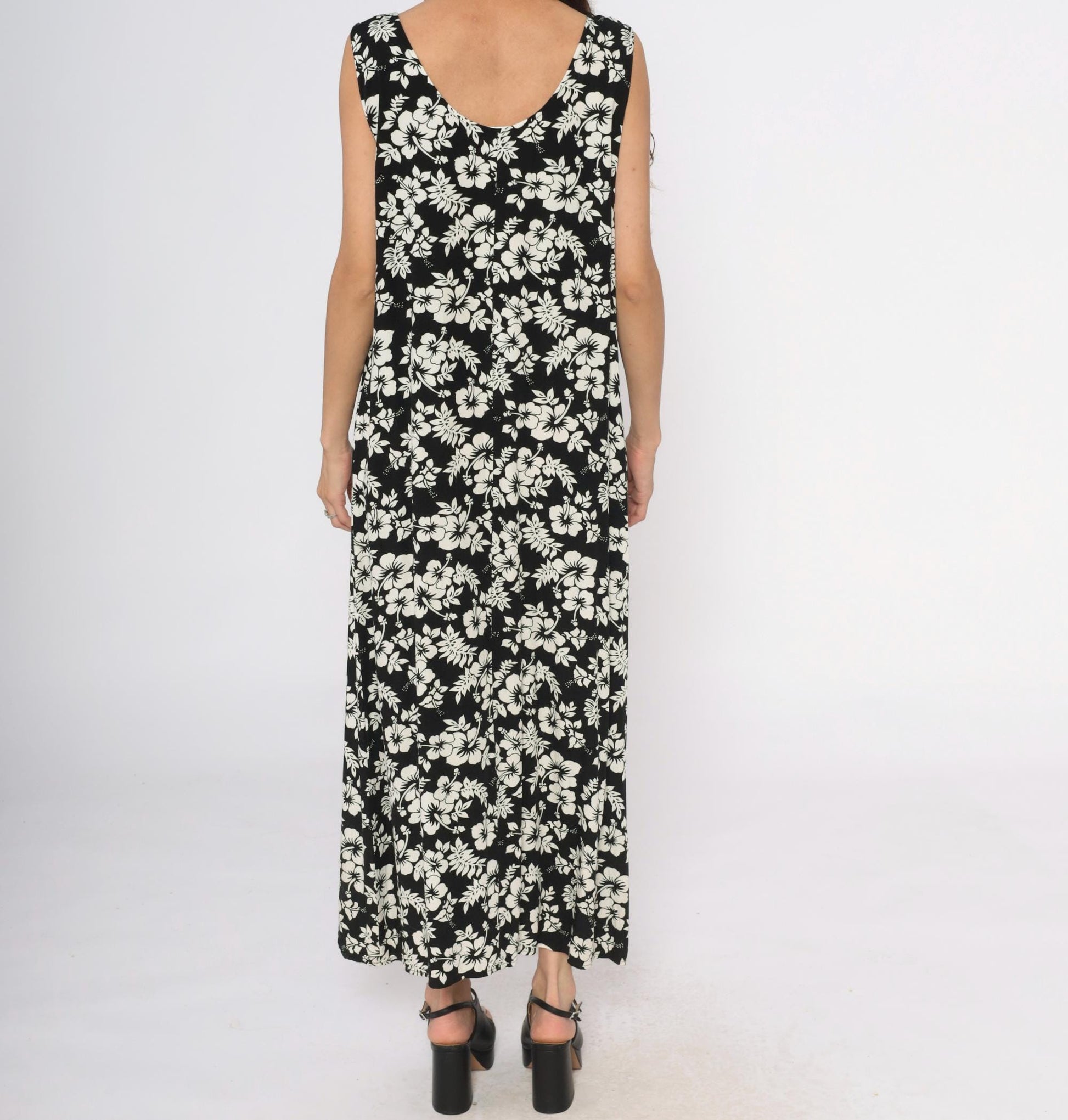 Y2K Josephine Chaus Black Maxi Dress Hibiscus Floral Print Large L
