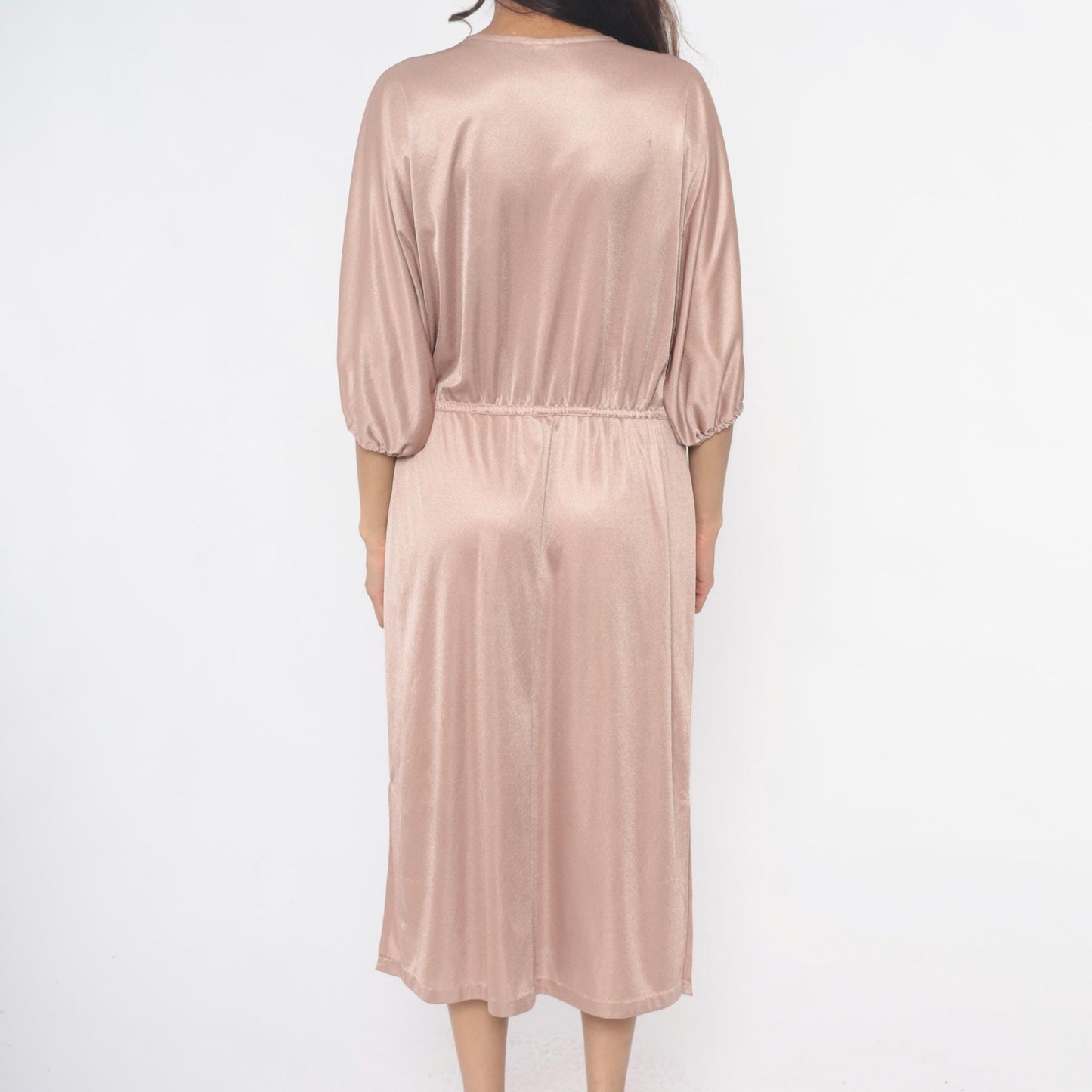70s Blush Pink Satin Midi Dress Dolman Sleeve Keyhole Back Medium