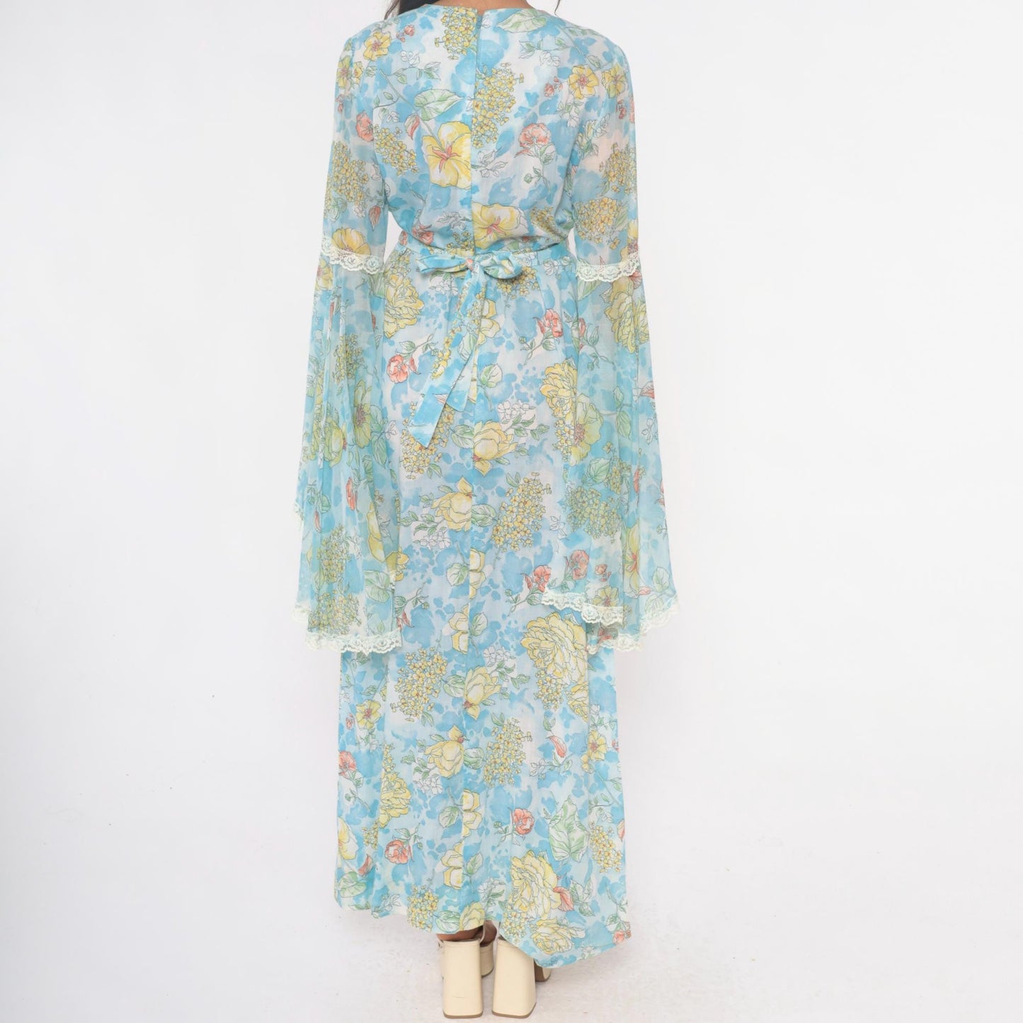 70s Light Blue Floral Maxi Dress Bell Sleeve Wrap Tie Waist Lace Trim Small Medium