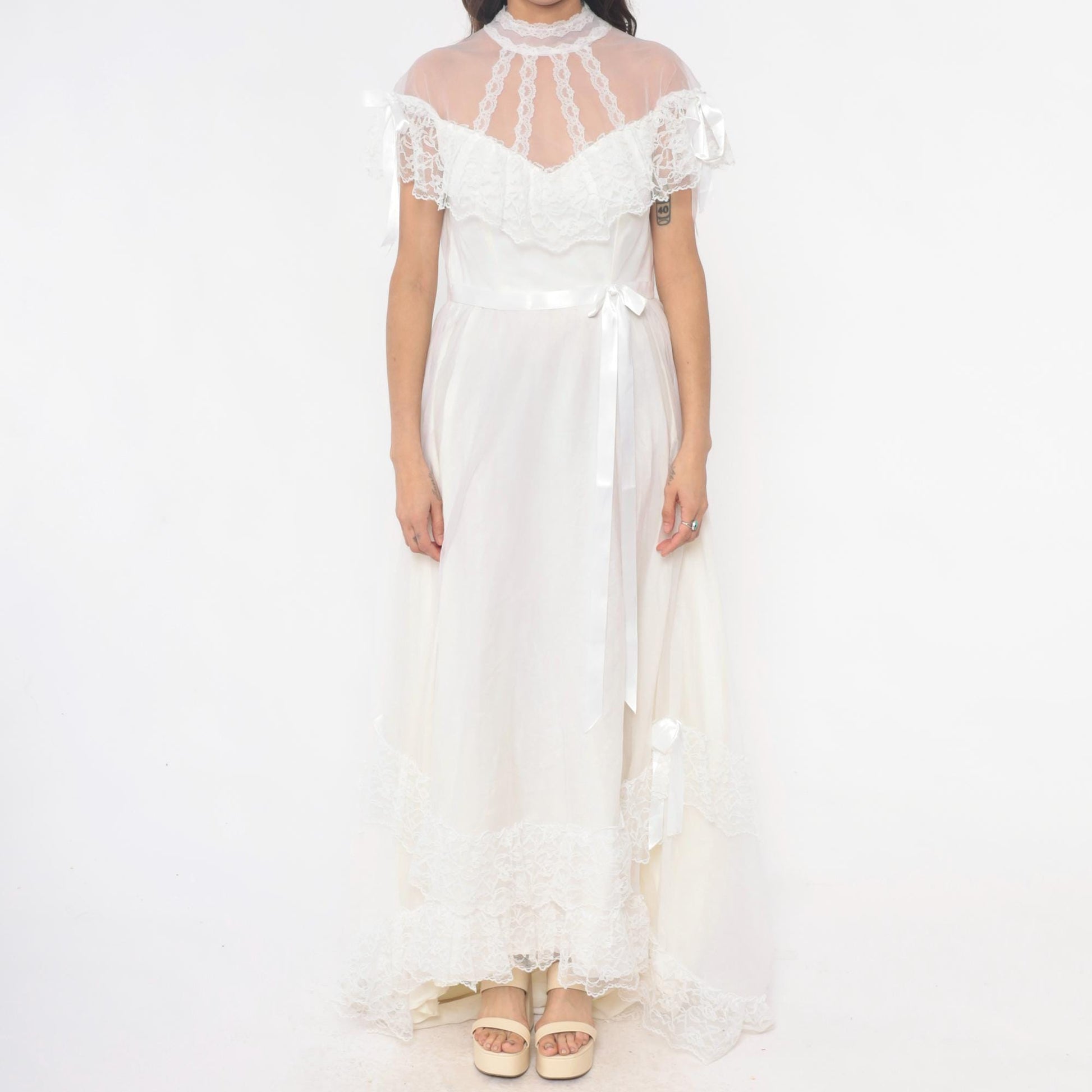 80s White Lace Maxi Nightgown Sheer High Neck Satin Ribbon Medium