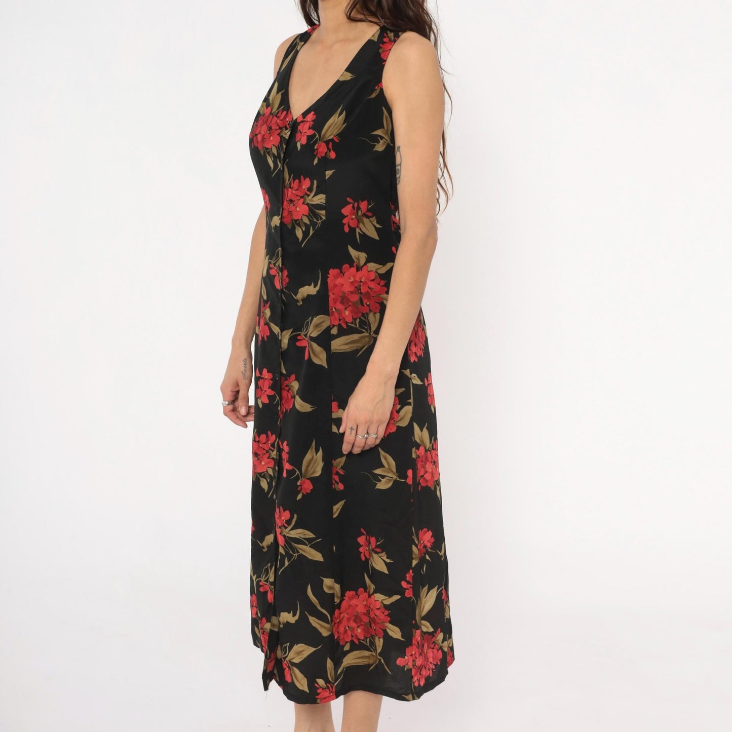 90s Expressions Floral Maxi Dress Black Red Coral Sleeveless V-Neck Medium