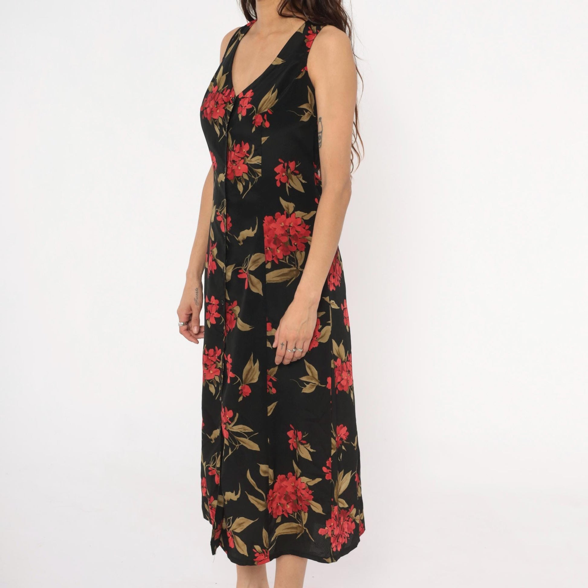 90s Expressions Floral Maxi Dress Black Red Coral Sleeveless V-Neck Medium