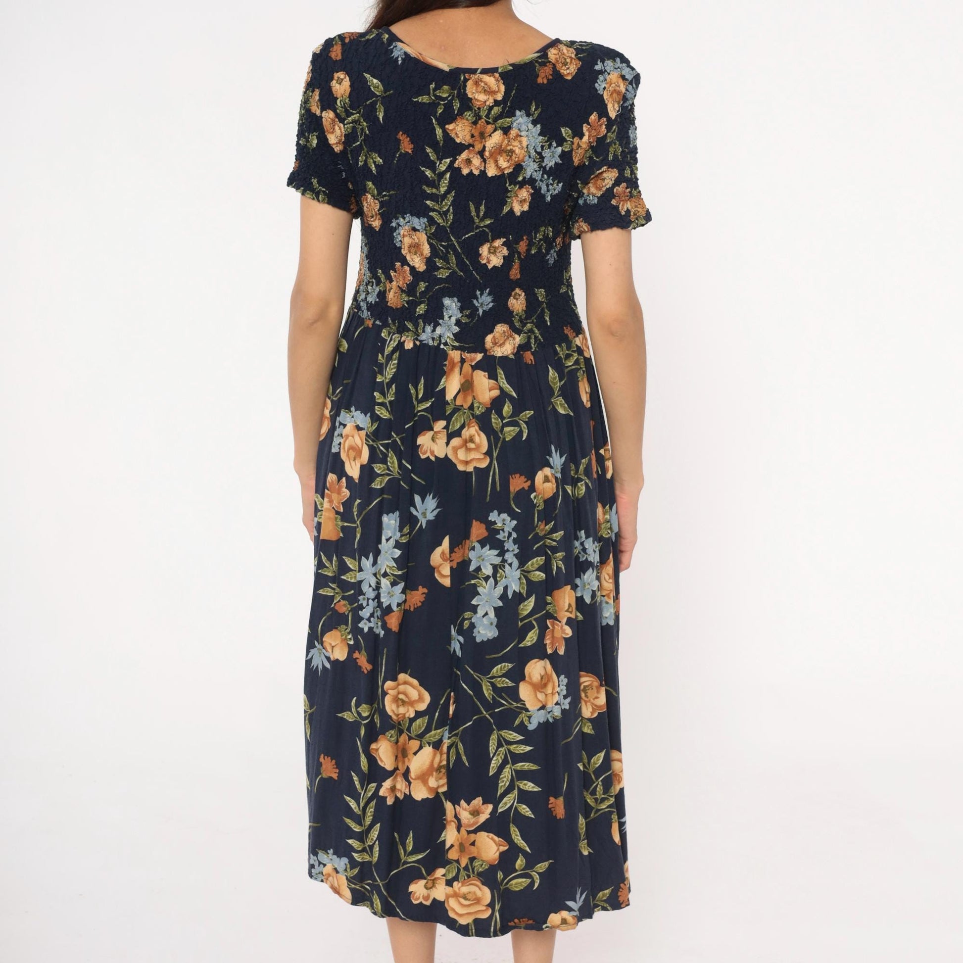 90s Impressions Navy Floral Midi Dress Smocked Empire Waist Short Sleeve Large L
