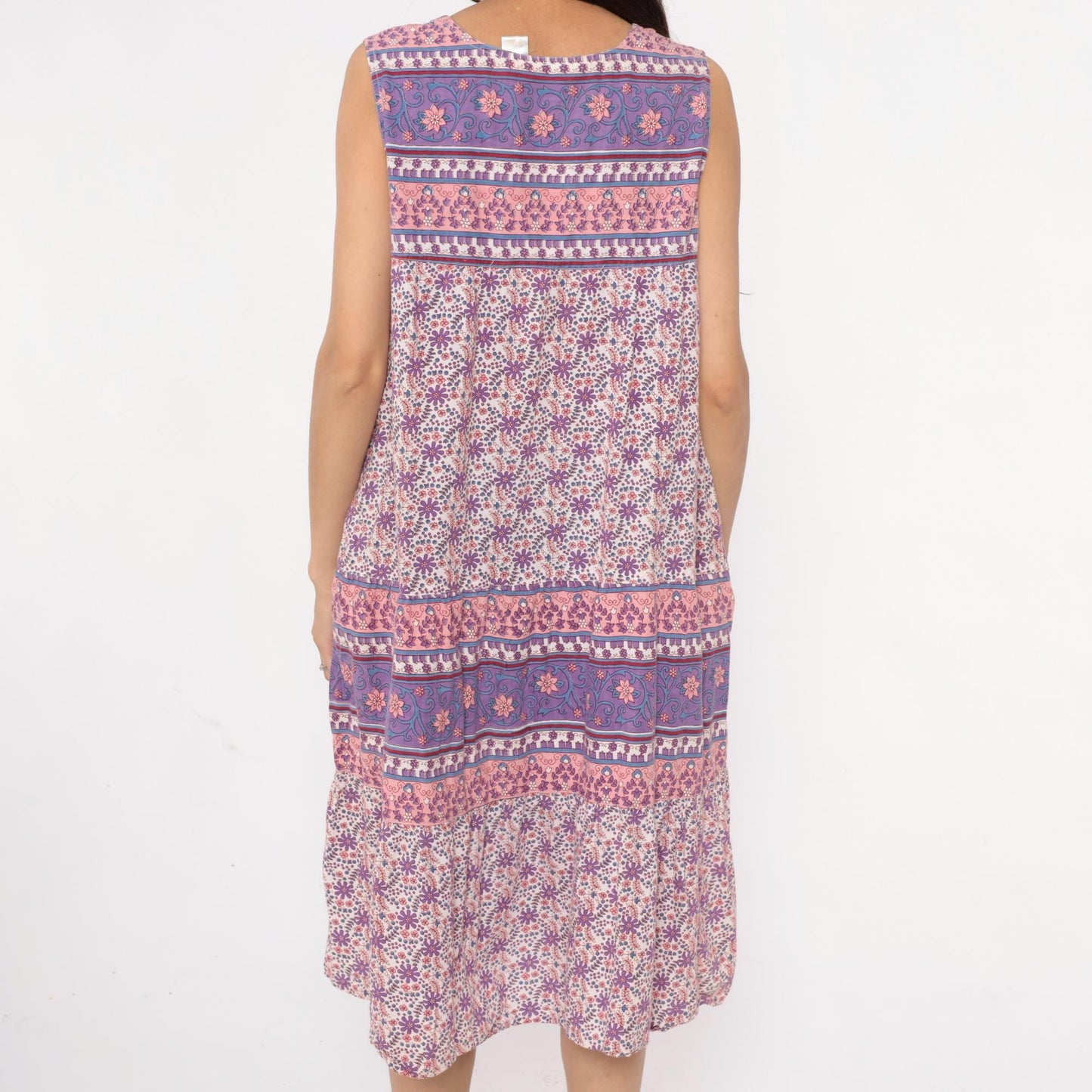 90s La Cera Floral Cotton Maxi Dress Purple Pink Scoop Neck Extra Large XXL