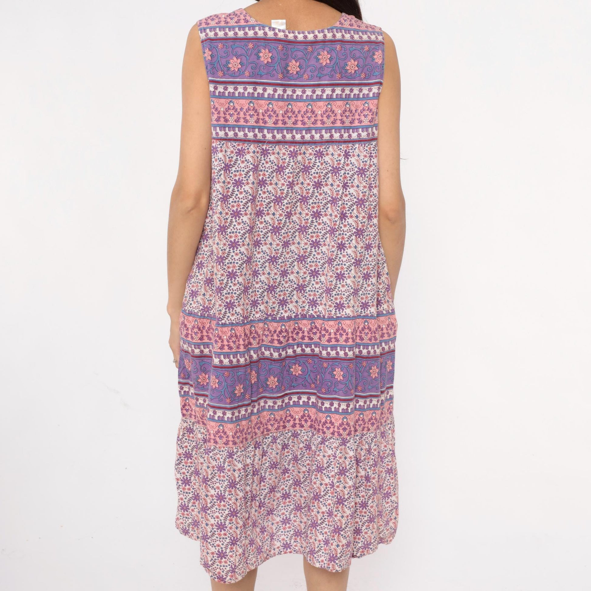 90s La Cera Floral Cotton Maxi Dress Purple Pink Scoop Neck Extra Large XXL