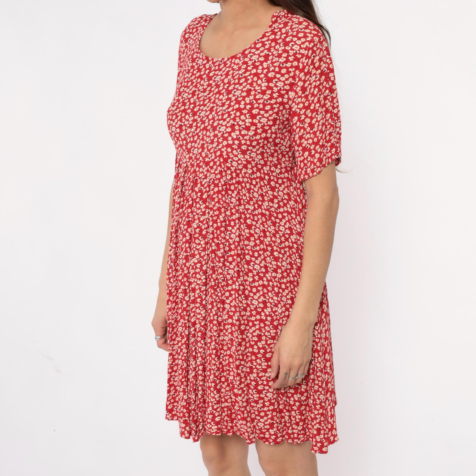 90s Red Daisy Mini Dress Rayon A-Line Scoop Neck Short Sleeve Medium M