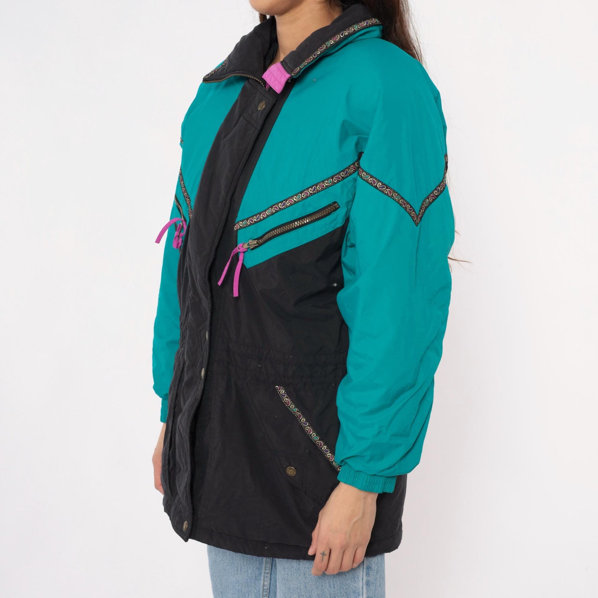 90s Colorblock Ski Jacket Teal Black Puffer Pink Zippers Small S