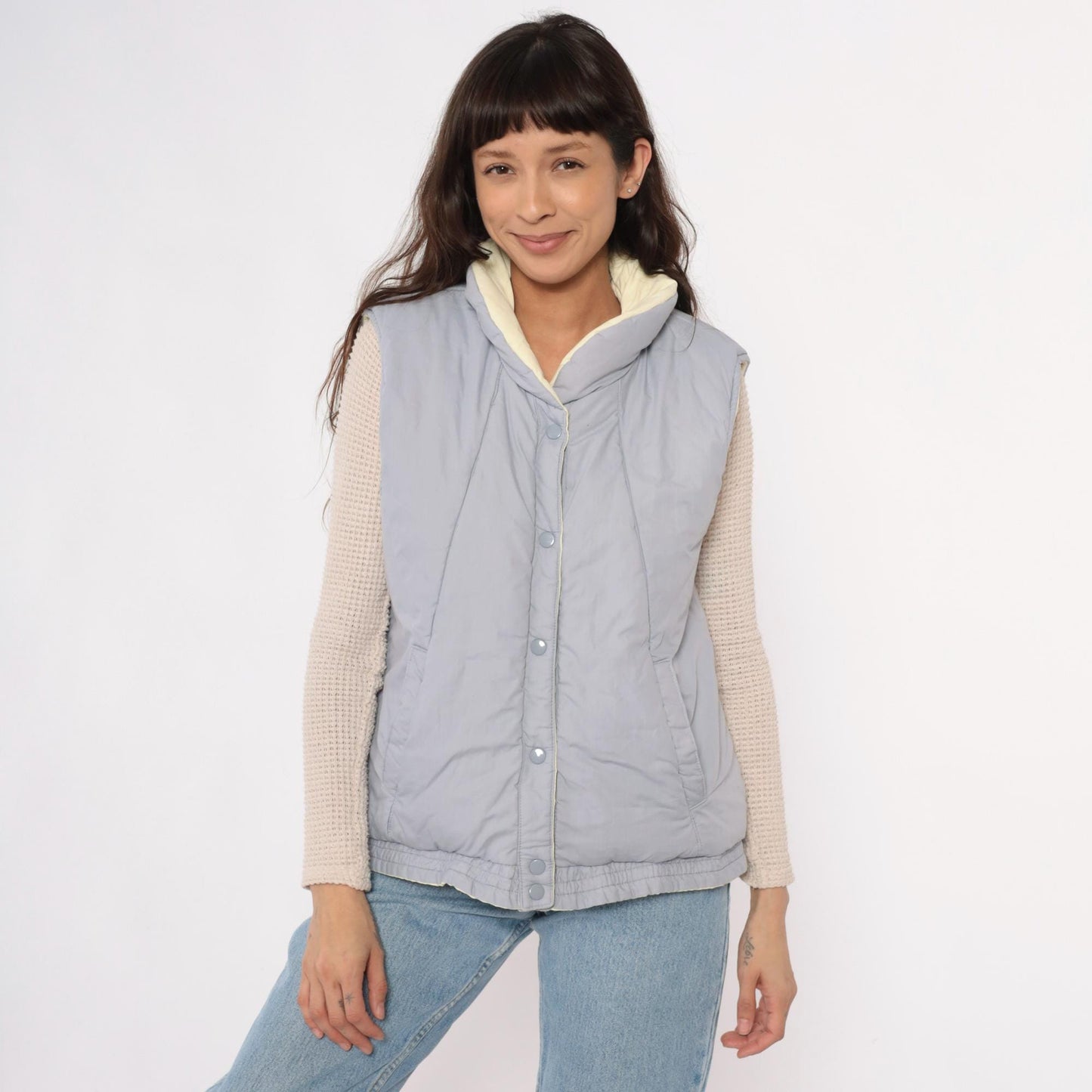 80s Reversible Quilted Vest Yellow Grey Puffer Sleeveless Medium