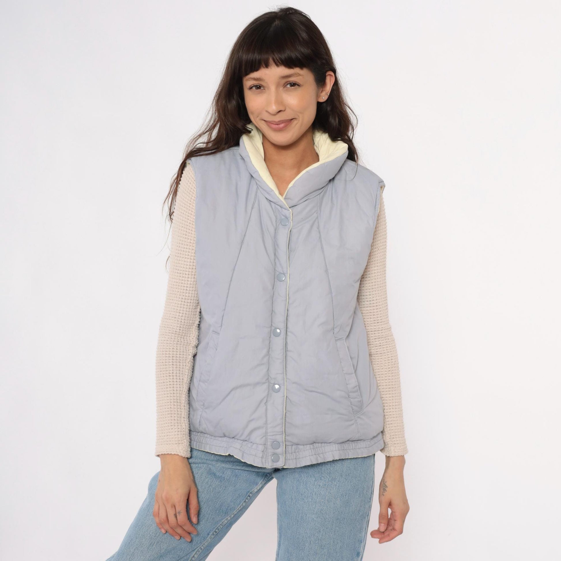 80s Reversible Quilted Vest Yellow Grey Puffer Sleeveless Medium