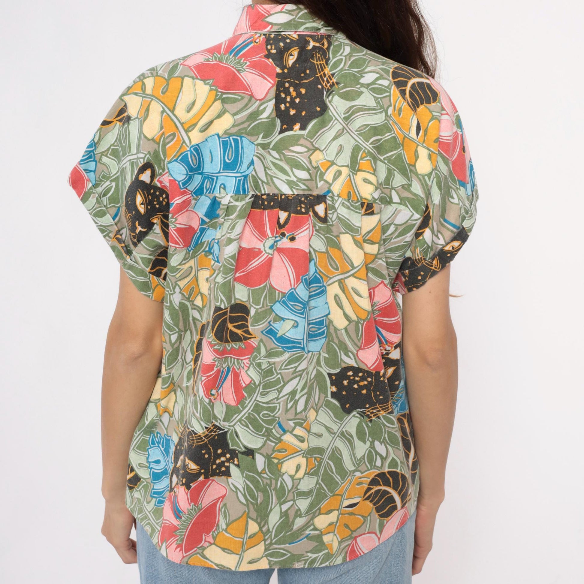 90s Black Panther Tropical Print Button-Up Shirt Monstera Leaf Multicolor Large L