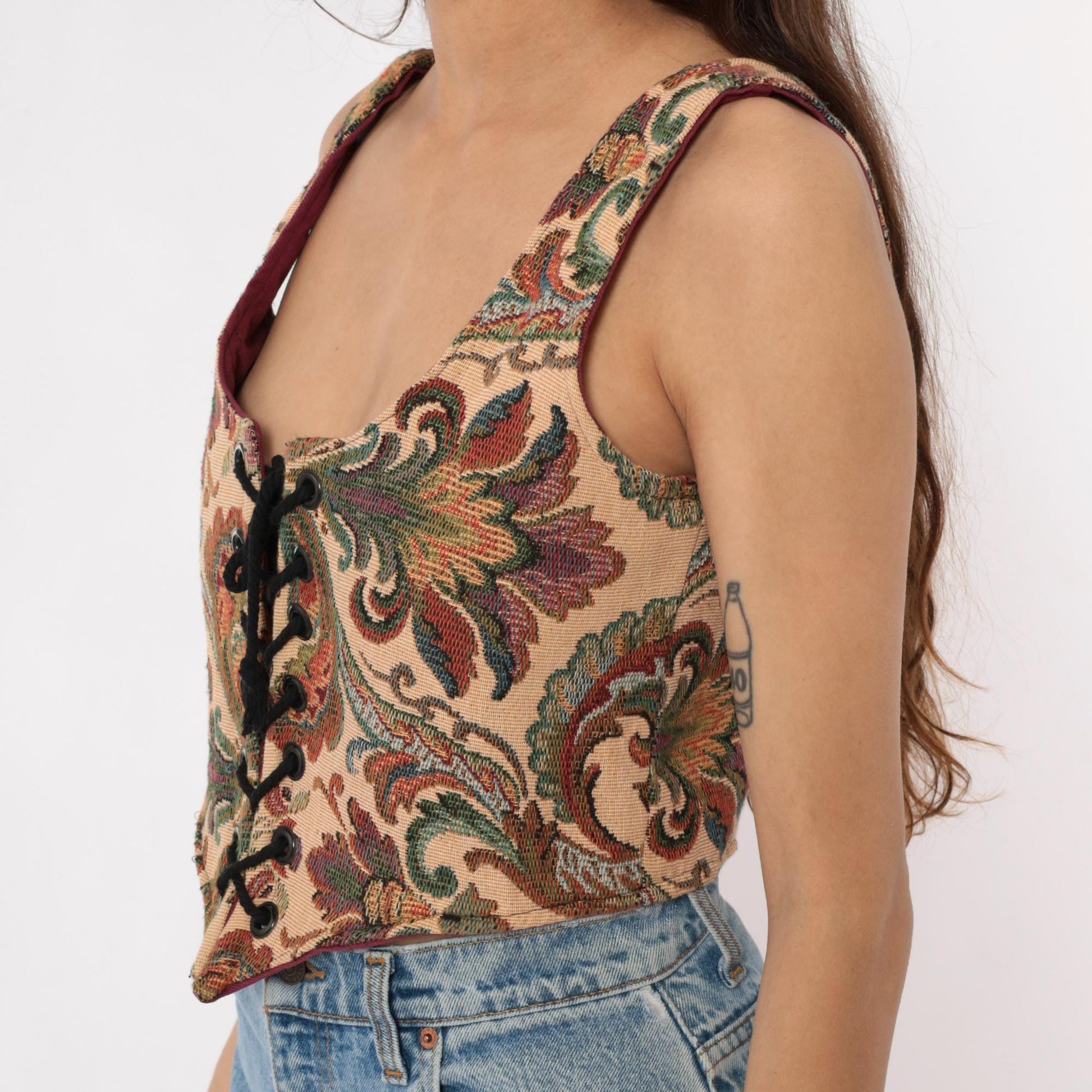 90s B Coole Designs Tapestry Lace-Up Vest Paisley Green Beige Small
