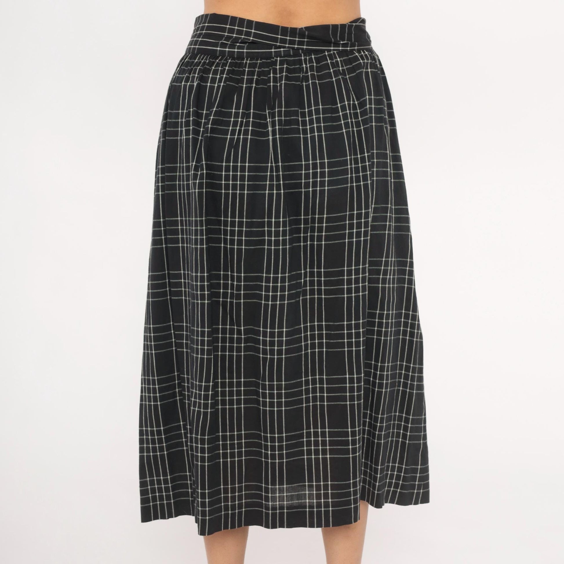 80s Heron Cove Casuals Windowpane Plaid Midi Skirt Black White Pleated Large L
