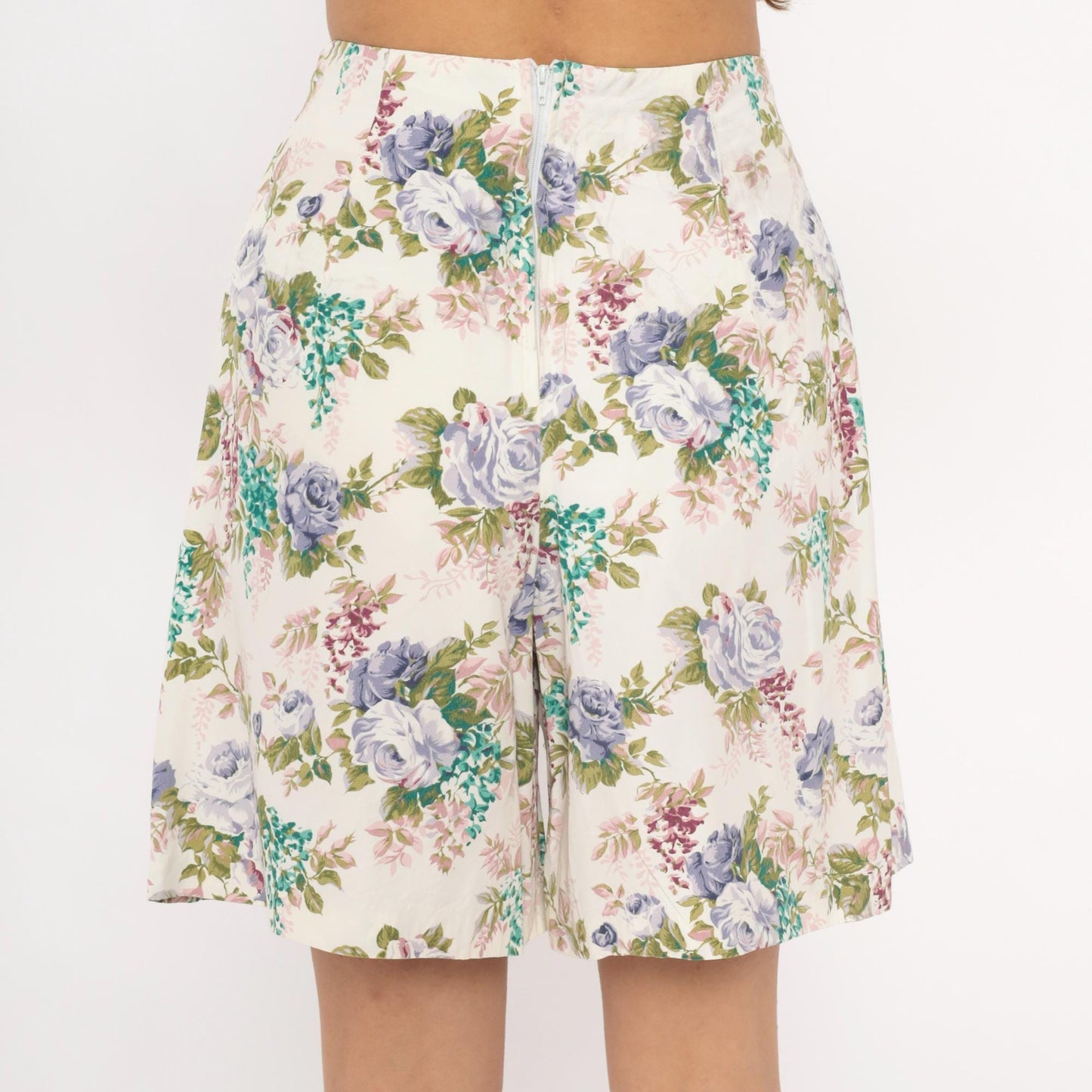 90s Floral Culotte Shorts High Waist Wide Leg Ivory Purple Rose Medium