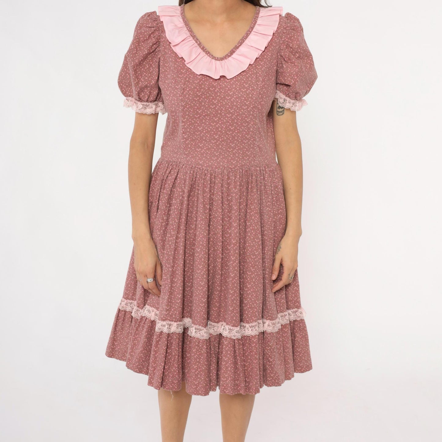 70s Prairie Dress Floral Dusty Rose Puff Sleeve Ruffle Collar Lace Trim Large L