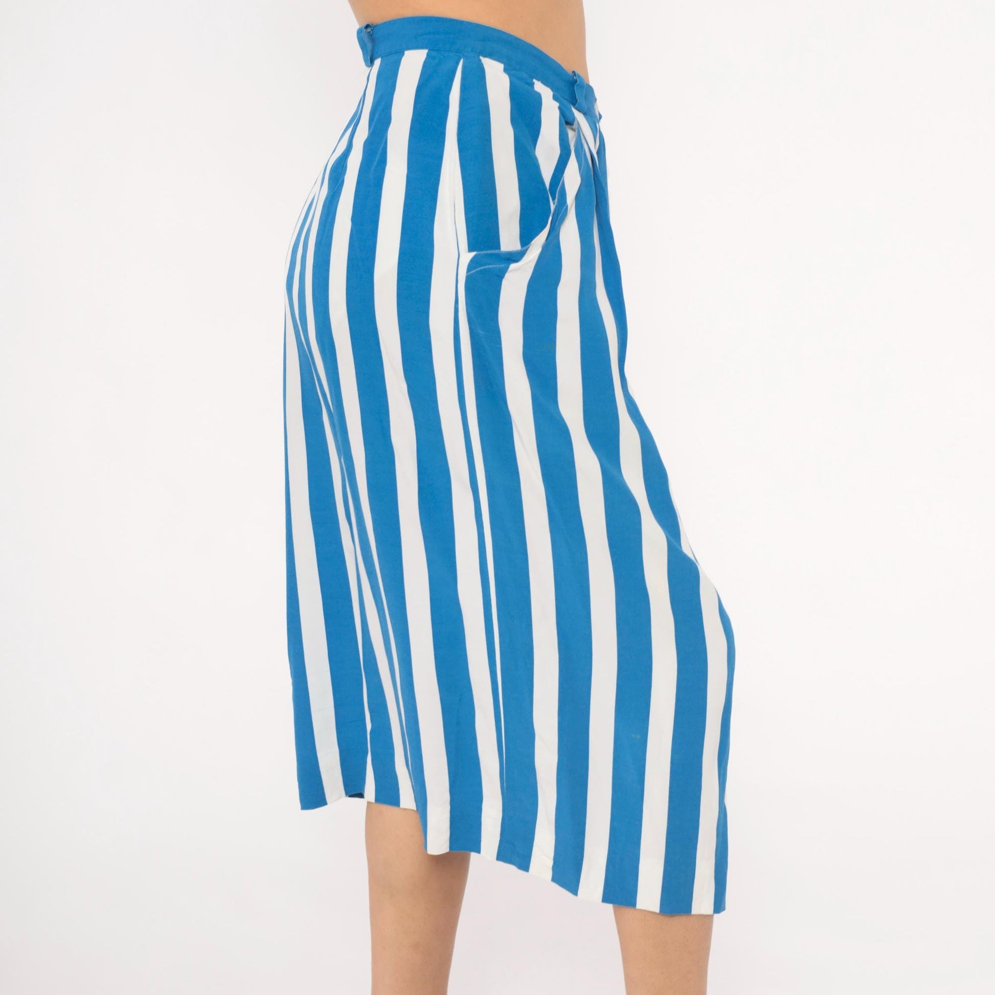 90s Jones New York Blue White Striped Midi Skirt High Waist Pockets Medium M