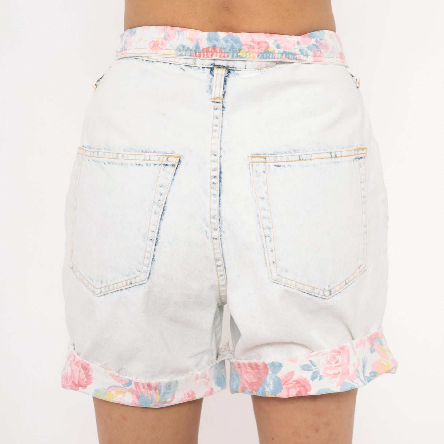 90s Traffic Acid Wash Denim Shorts Floral Yoke High Rise Pleated Medium M