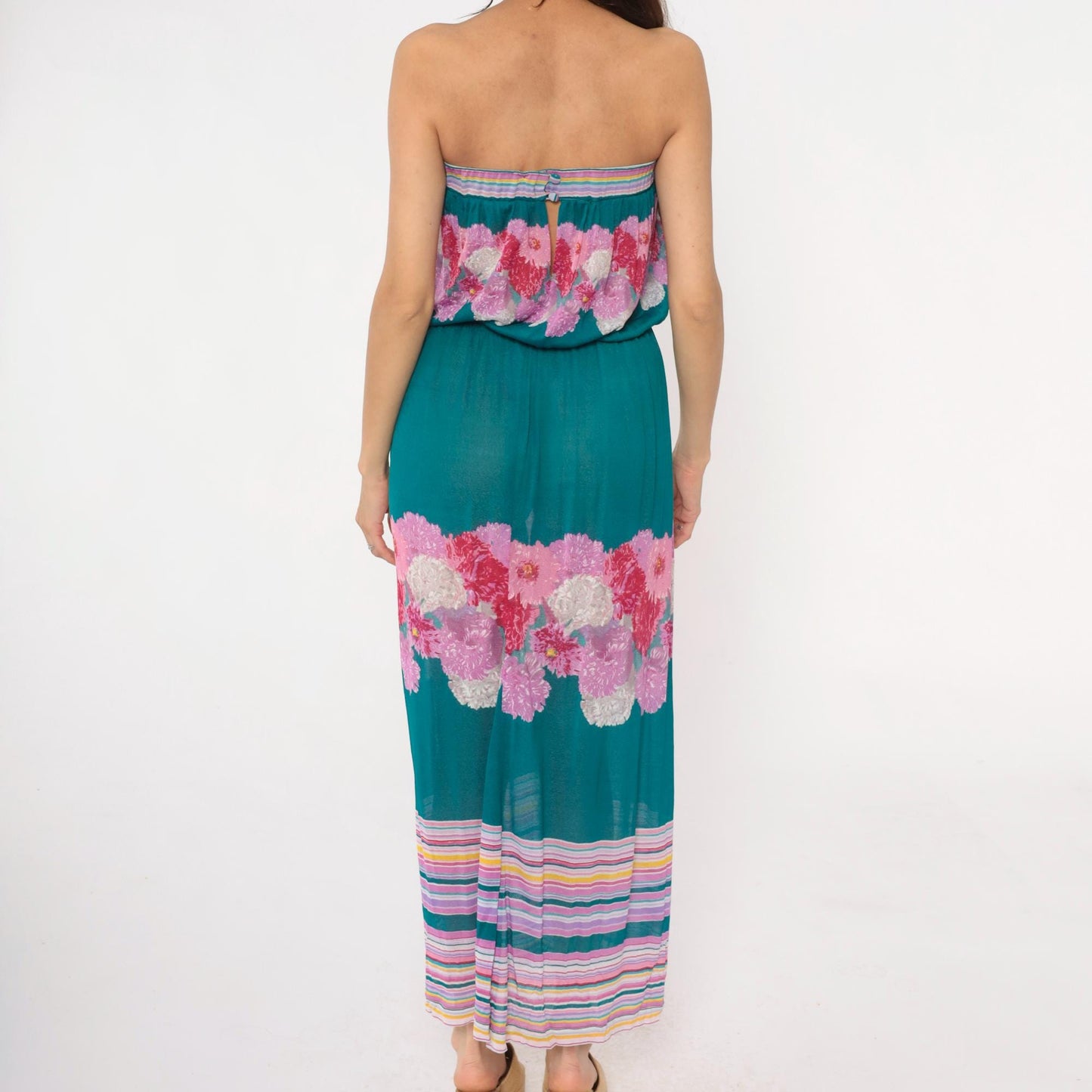80s Teal Floral Strapless Maxi Dress Pink Purple Carnation Print Small S