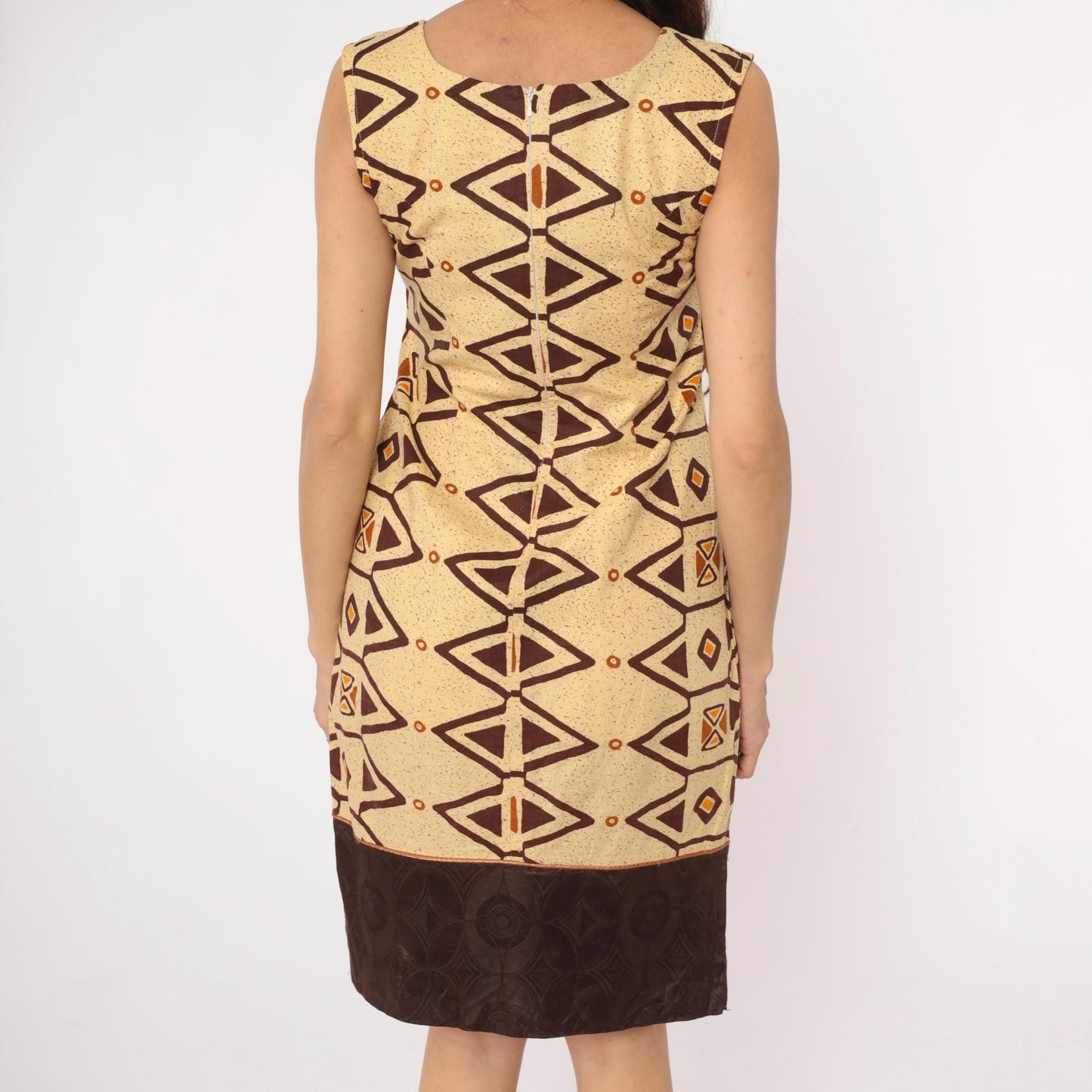 Y2K Southwestern Geometric Shift Dress Cream Brown Orange Tribal Print Extra Small XS