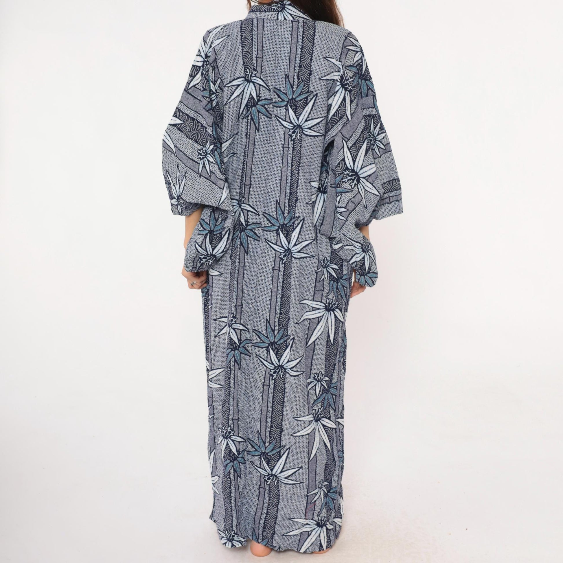 80s Blue White Botanical Kimono Robe Maxi Floral Leaf Print Medium