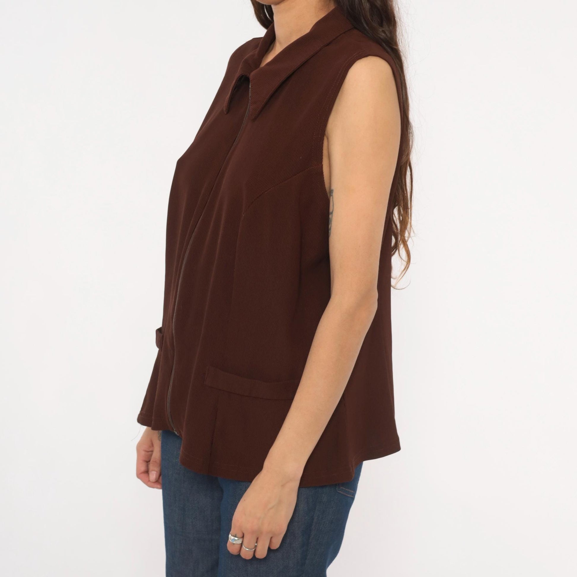 90s New Woman Brown Ribbed Knit Vest Pointed Collar Zip-Front Extra Large XL