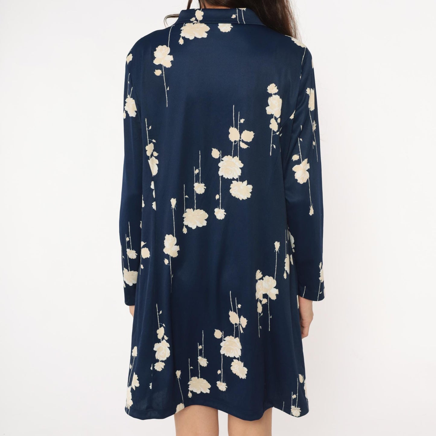 70s Lorac Floral Shirt Dress Dark Blue Cream Pointed Collar Knee Length Medium