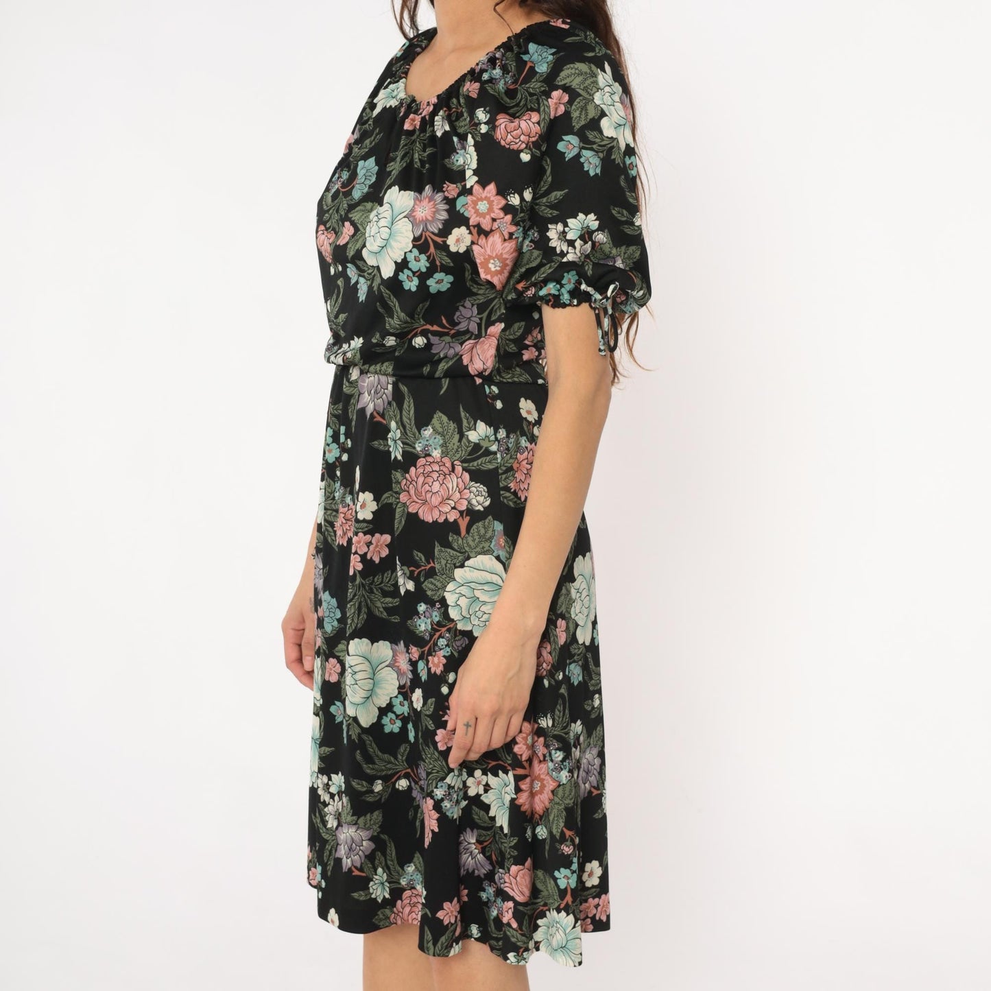 70s Black Floral Midi Dress Mint Pink Coral Tie Sleeve Small