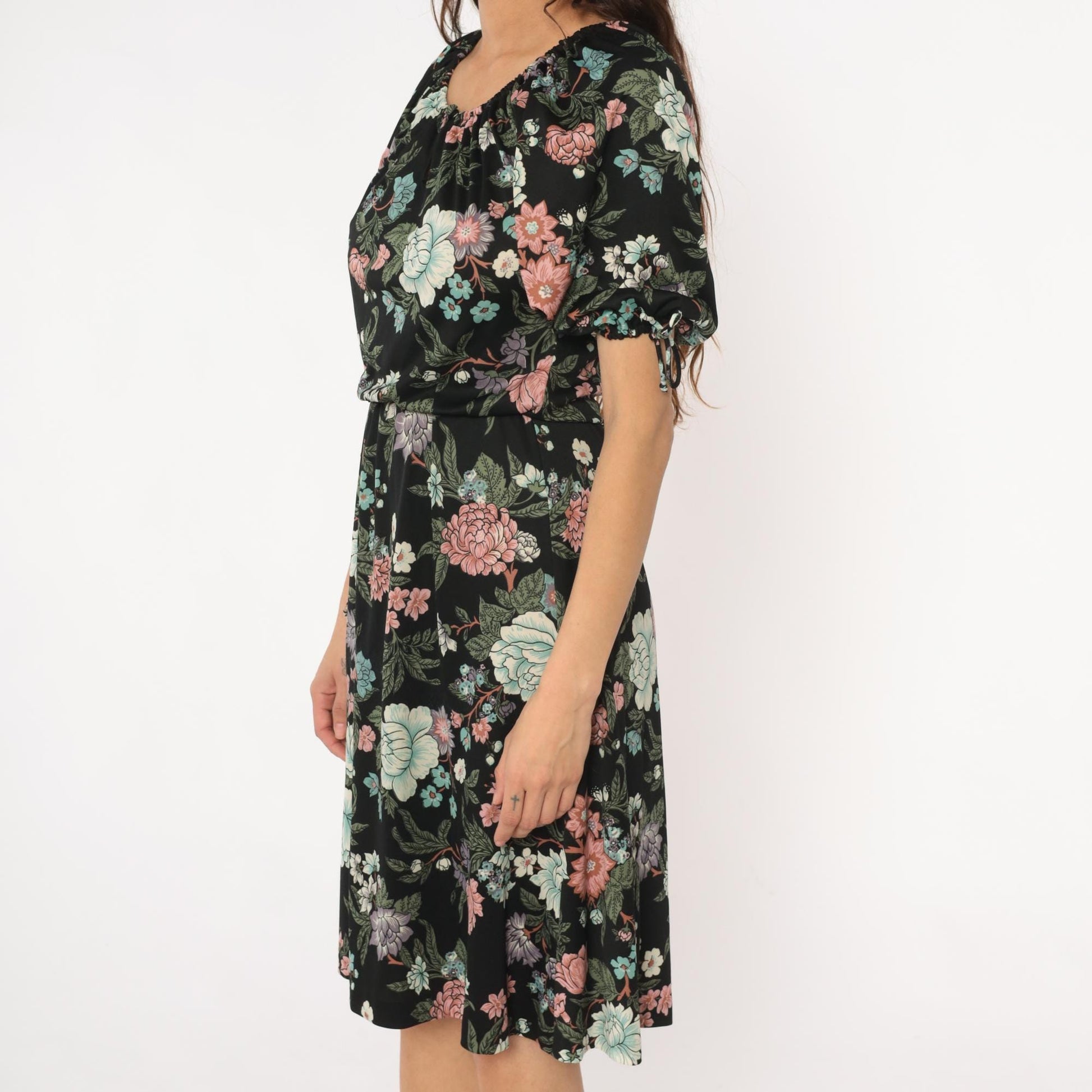 70s Black Floral Midi Dress Mint Pink Coral Tie Sleeve Small